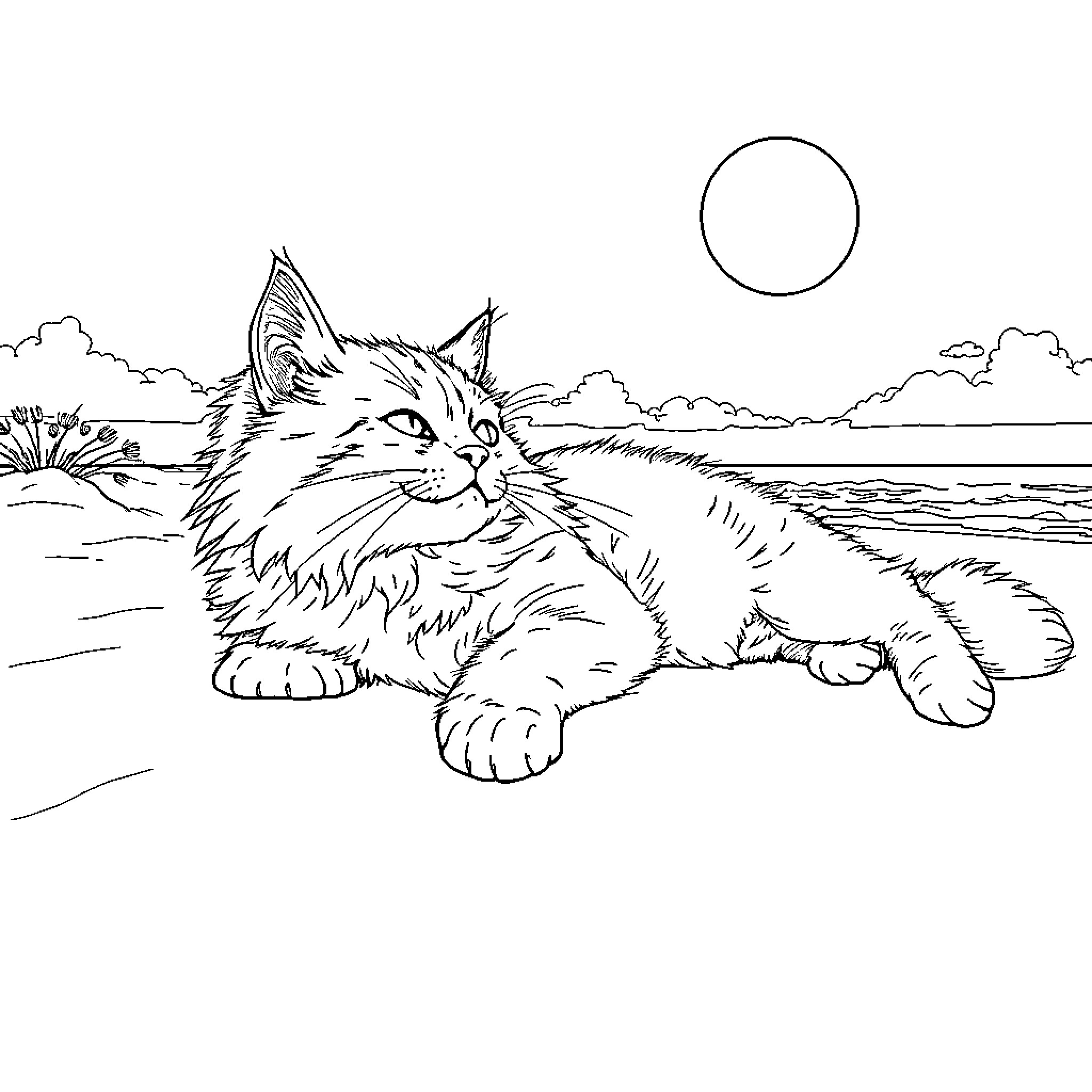 Cat resting on a grassy field Coloring Page (free black-and-white line drawing printable PDF for all, from beginners to advanced learners, including children, teens, adults, and seniors)
