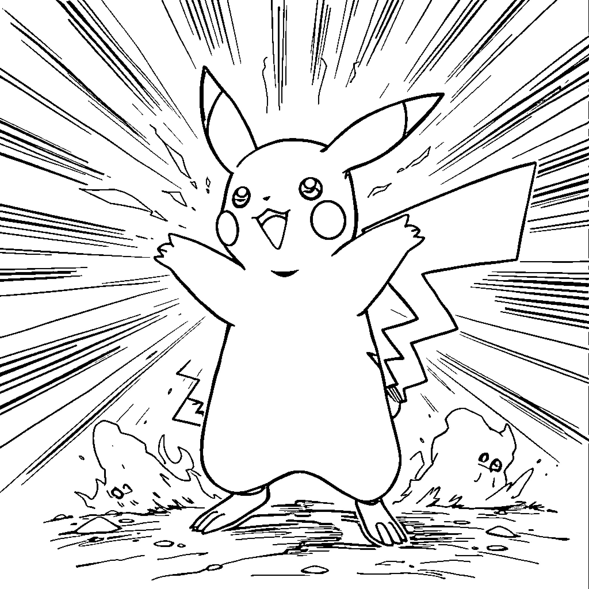 Pikachu Unleashing Powerful Attack Coloring Page (free black-and-white line drawing printable PDF for all, from beginners to advanced learners, including children, teens, adults, and seniors)