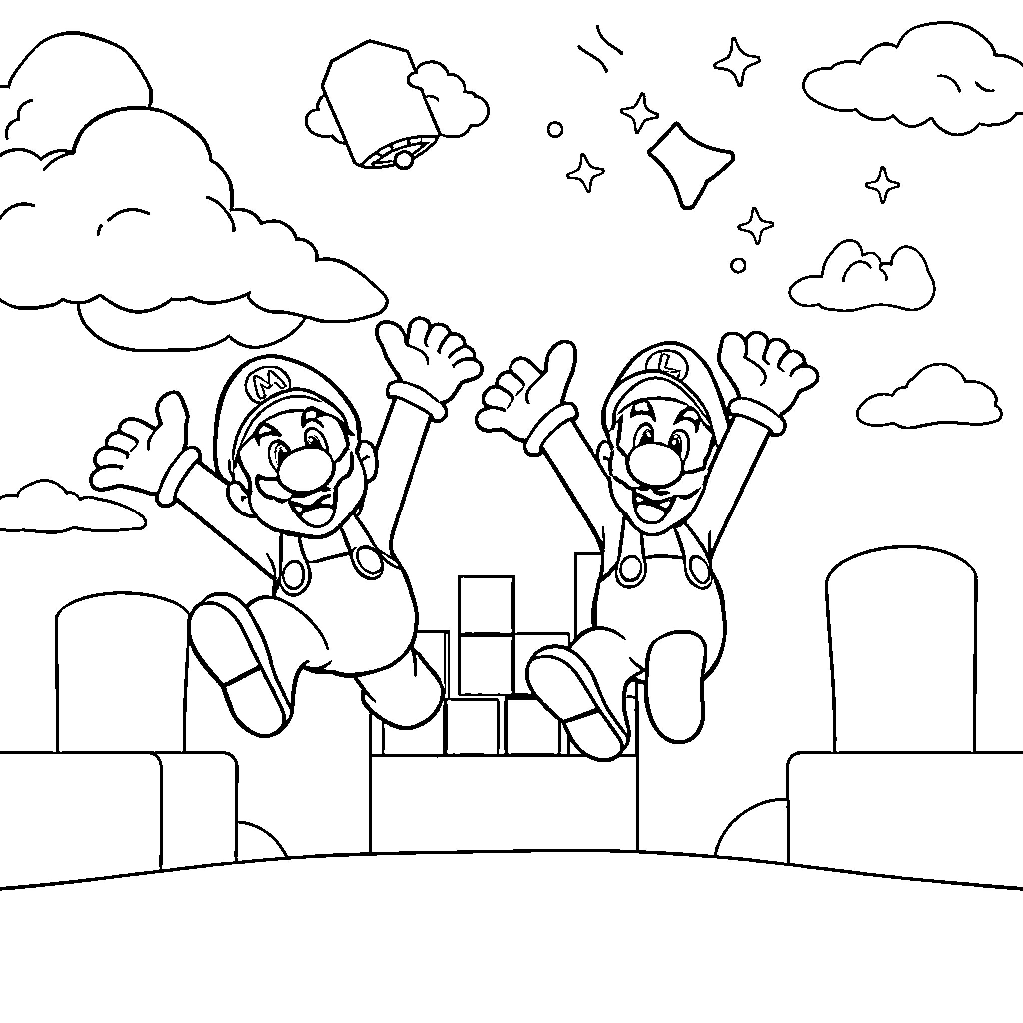 Mario Bros jumping and celebrating Coloring Page (free black-and-white line drawing printable PDF for all, from beginners to advanced learners, including children, teens, adults, and seniors)
