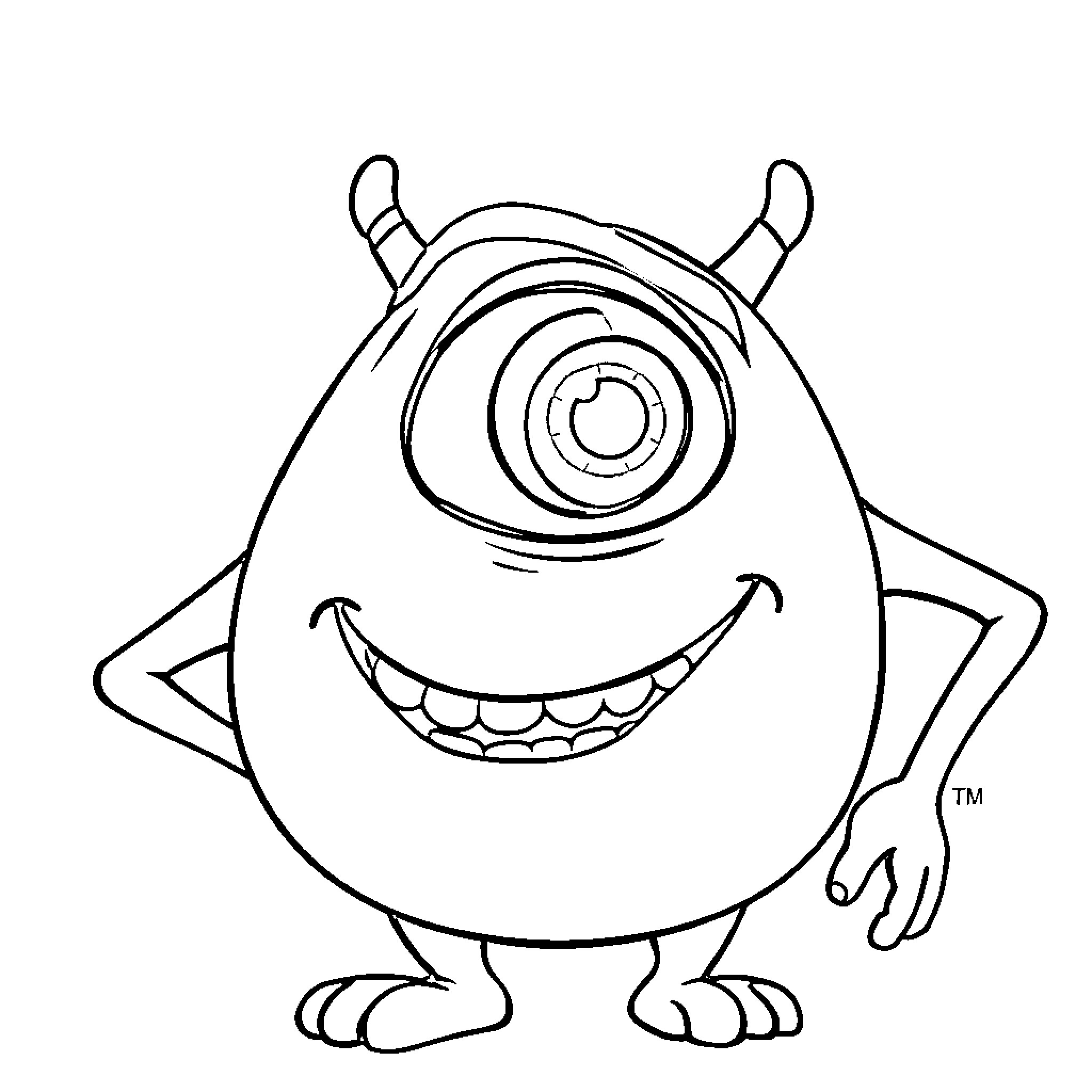 Mike Wazowski Smiling Happily Coloring Page (free black-and-white line drawing printable PDF for all, from beginners to advanced learners, including children, teens, adults, and seniors)