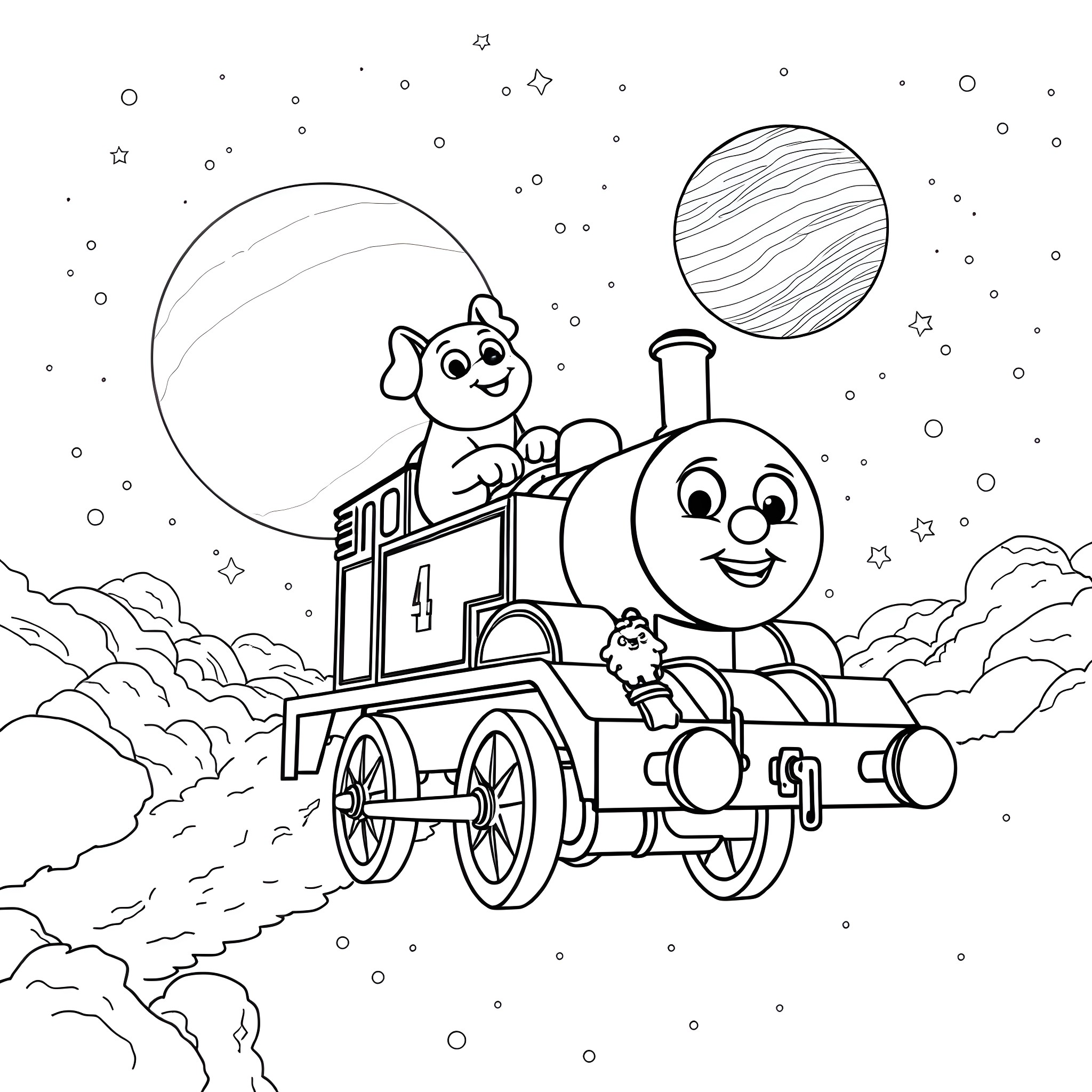 Bluey's Nighttime Train Adventure Coloring Page (free black-and-white line drawing printable PDF for all, from beginners to advanced learners, including children, teens, adults, and seniors)