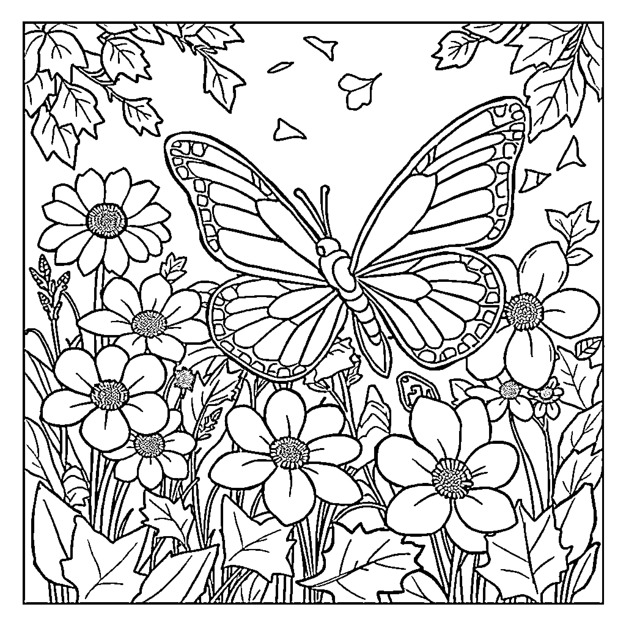 Butterfly amidst colorful flowers Coloring Page (free black-and-white line drawing printable PDF for all, from beginners to advanced learners, including children, teens, adults, and seniors)