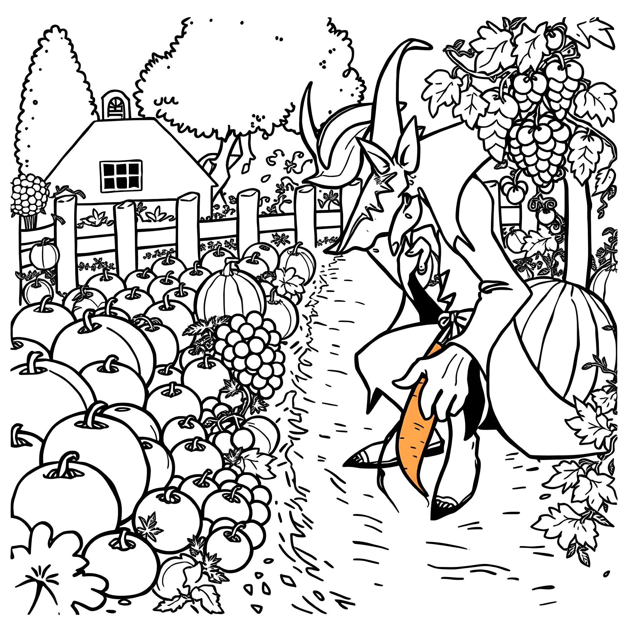 Vampire harvesting bountiful fruits and vegetables in the garden Coloring Page (free black-and-white line drawing printable PDF for all, from beginners to advanced learners, including children, teens, adults, and seniors)