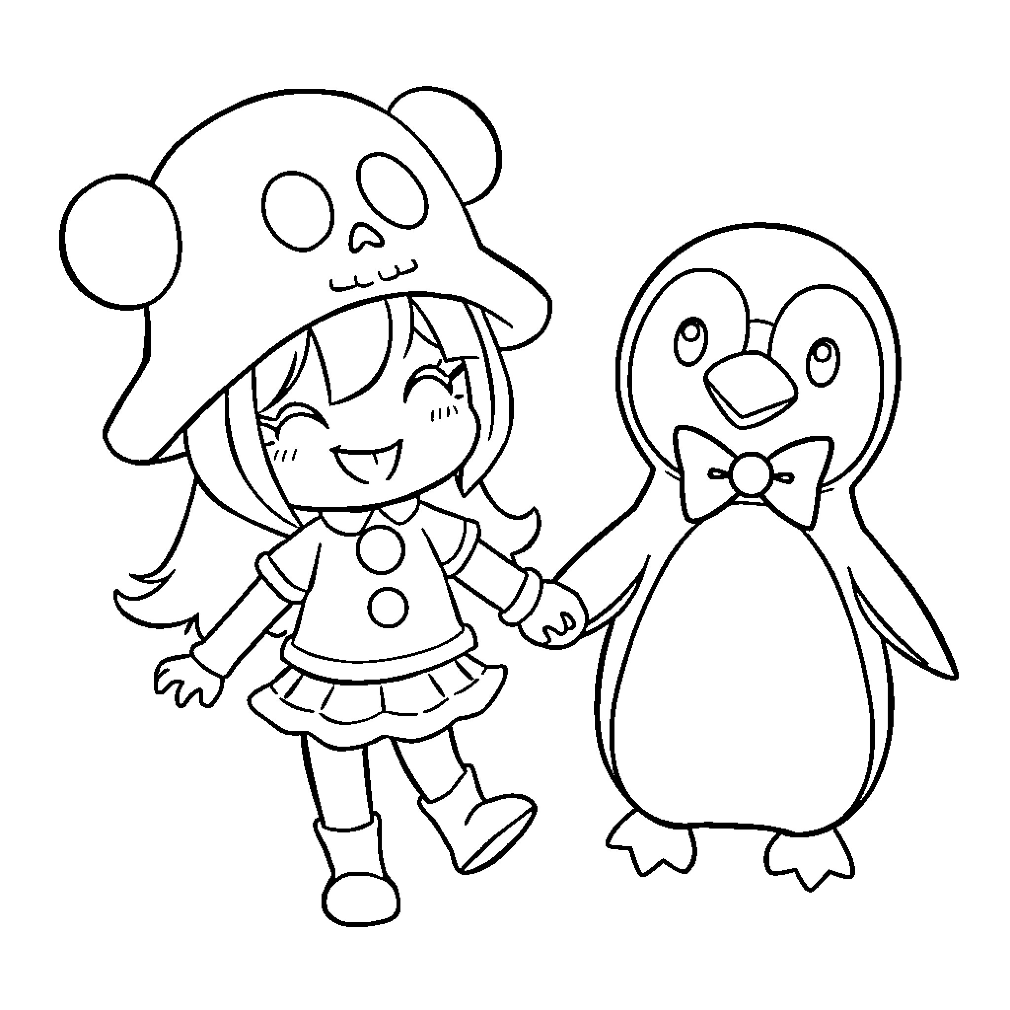 Kuromi and her penguin friend in whimsical outfits Coloring Page (free black-and-white line drawing printable PDF for all, from beginners to advanced learners, including children, teens, adults, and seniors)