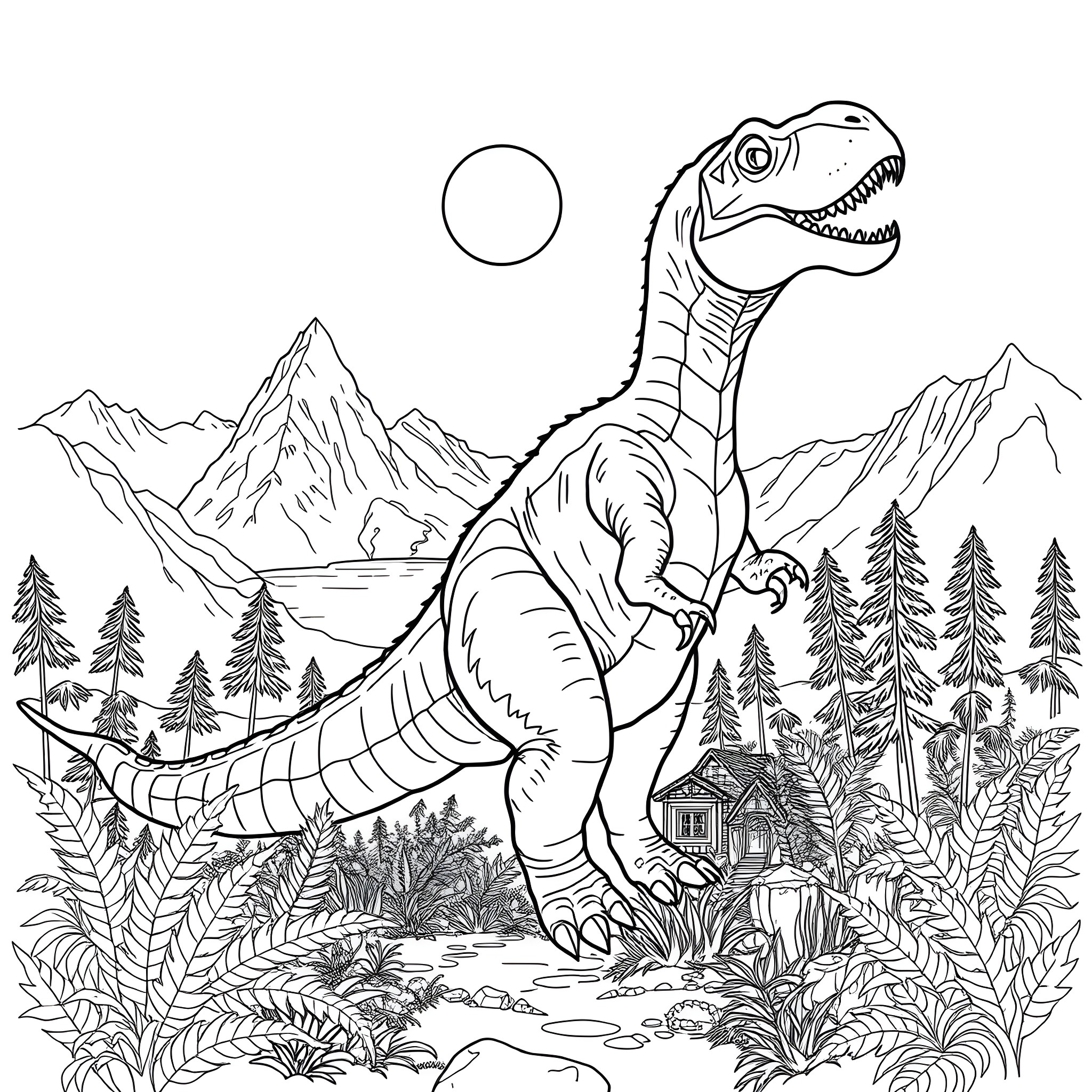 Dinosaur roaring in a scenic nature landscape Coloring Page (free black-and-white line drawing printable PDF for all, from beginners to advanced learners, including children, teens, adults, and seniors)