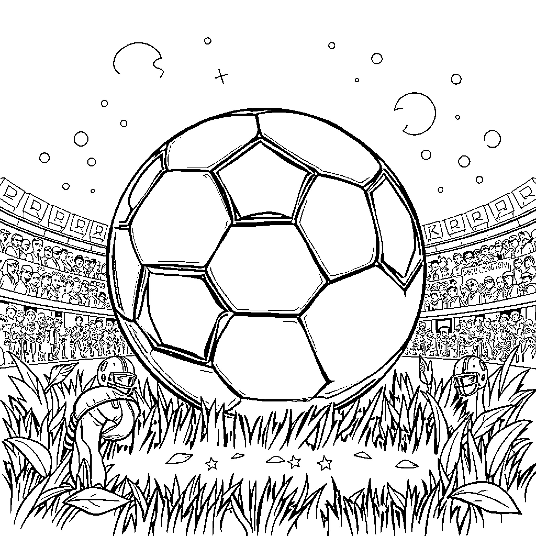 Football players in a crowded stadium Coloring Page (free black-and-white line drawing printable PDF for all, from beginners to advanced learners, including children, teens, adults, and seniors)