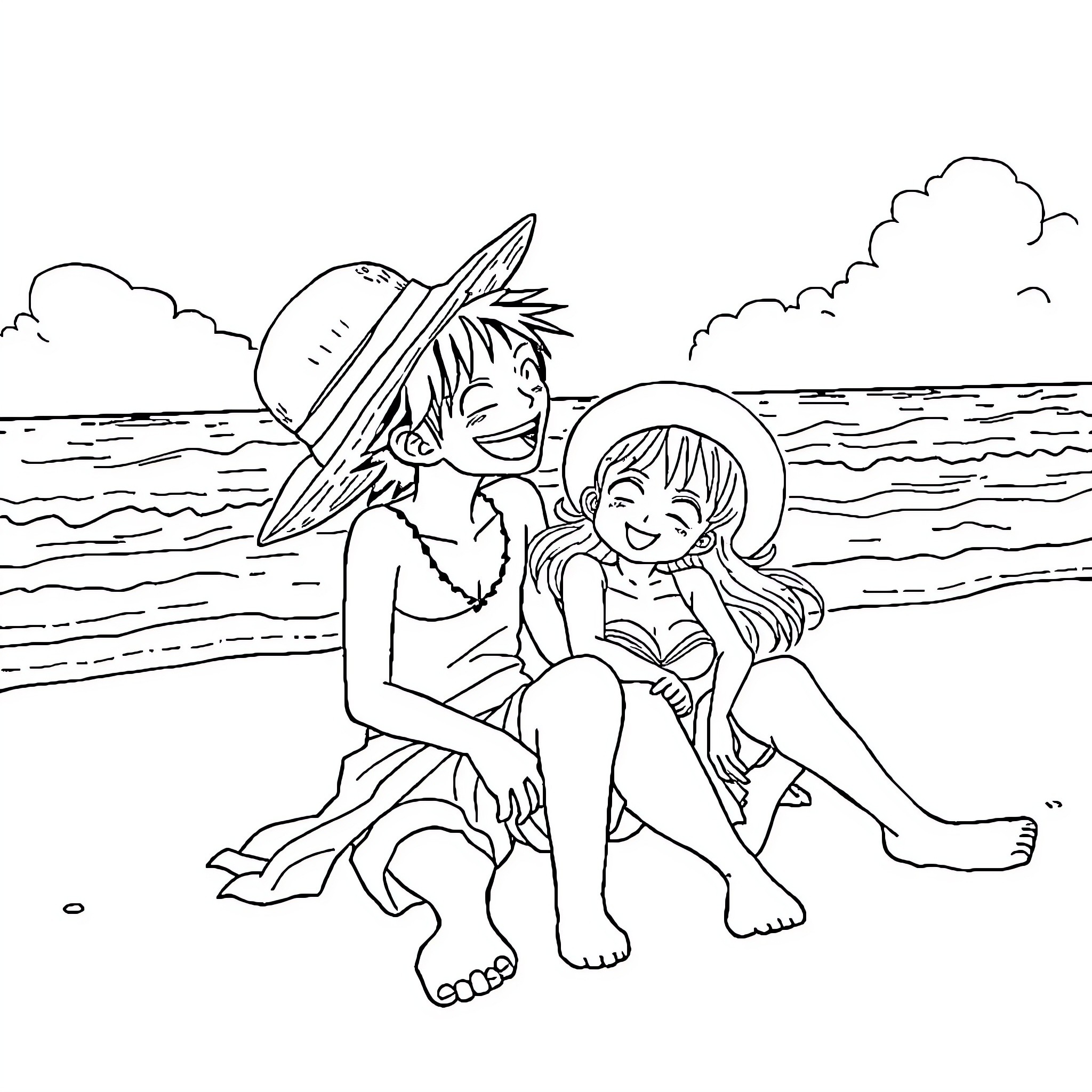 Luffy and Nami enjoying a day at the beach Coloring Page (free black-and-white line drawing printable PDF for all, from beginners to advanced learners, including children, teens, adults, and seniors)