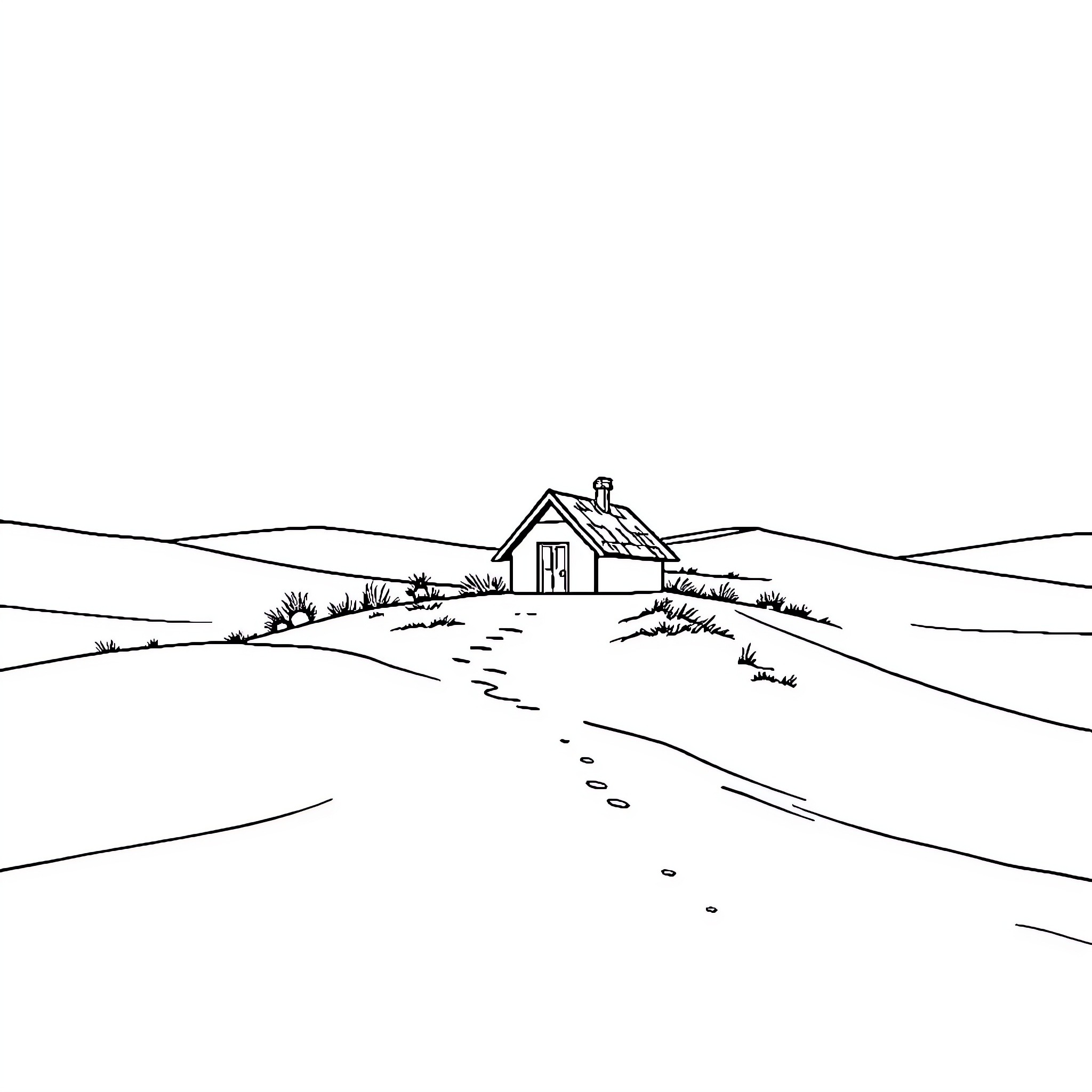 House on a rural landscape with a pathway Coloring Page (free black-and-white line drawing printable PDF for all, from beginners to advanced learners, including children, teens, adults, and seniors)