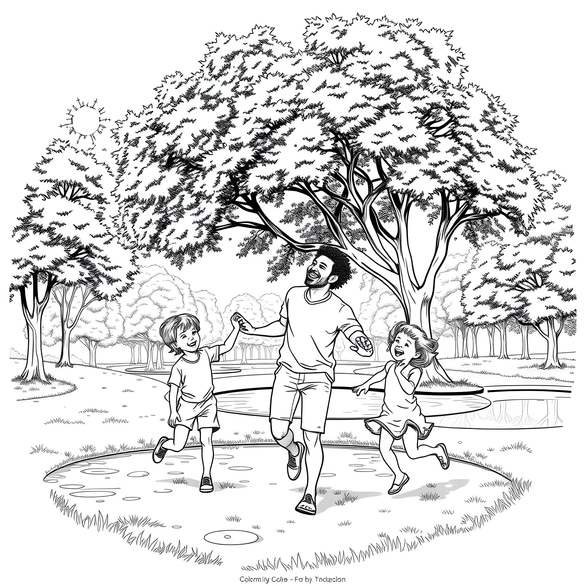 Dad and children playing outdoors in nature Coloring Page (free black-and-white line drawing printable PDF for all, from beginners to advanced learners, including children, teens, adults, and seniors)
