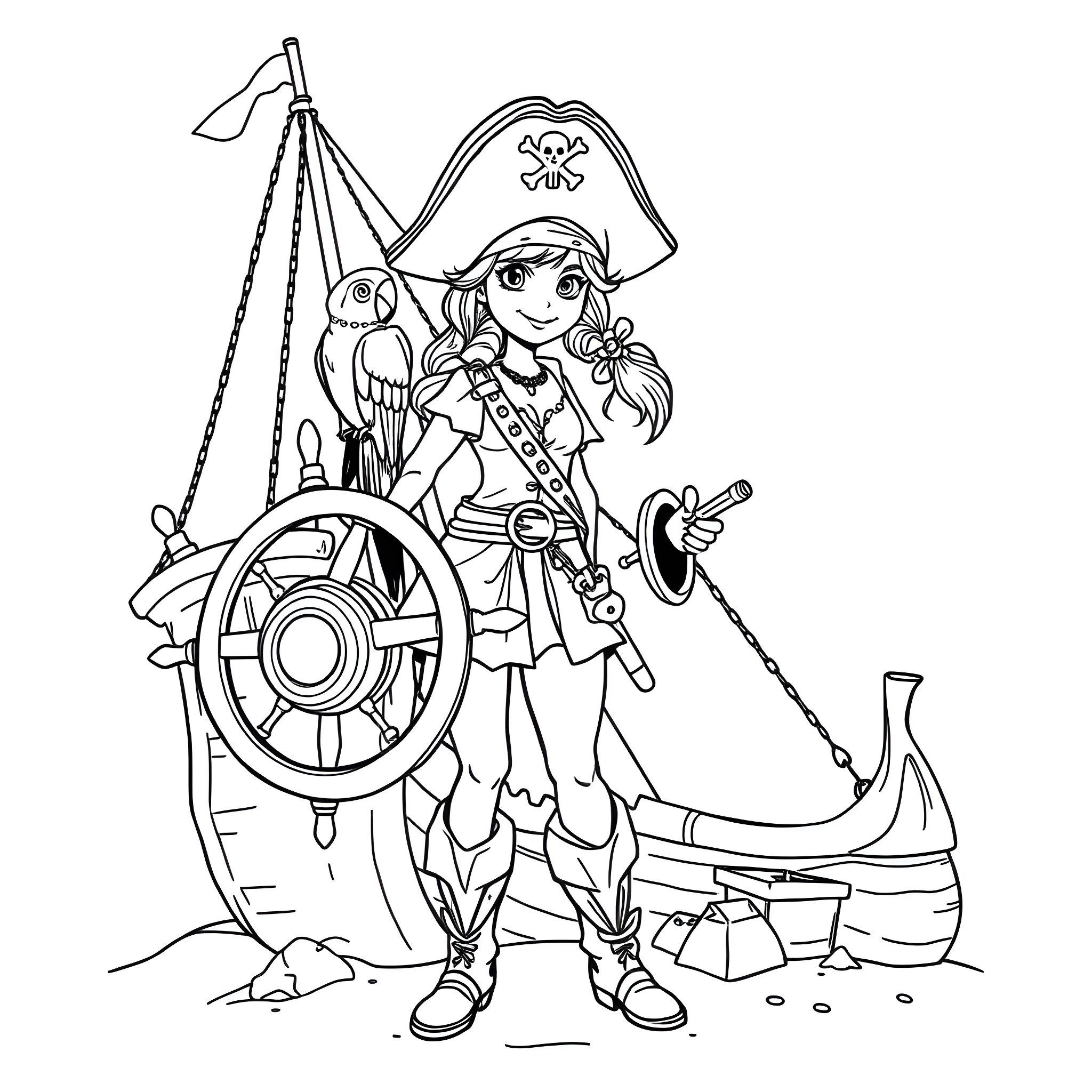 Pirate Girl Steering Ship with Parrot on Shoulder Coloring Page (free black-and-white line drawing printable PDF for all, from beginners to advanced learners, including children, teens, adults, and seniors)