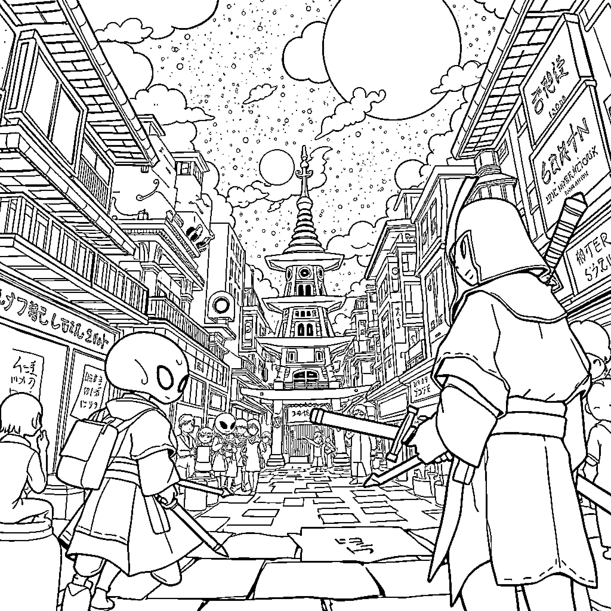 Gintama: Lively Cityscape with Unique Characters Coloring Page (free black-and-white line drawing printable PDF for all, from beginners to advanced learners, including children, teens, adults, and seniors)