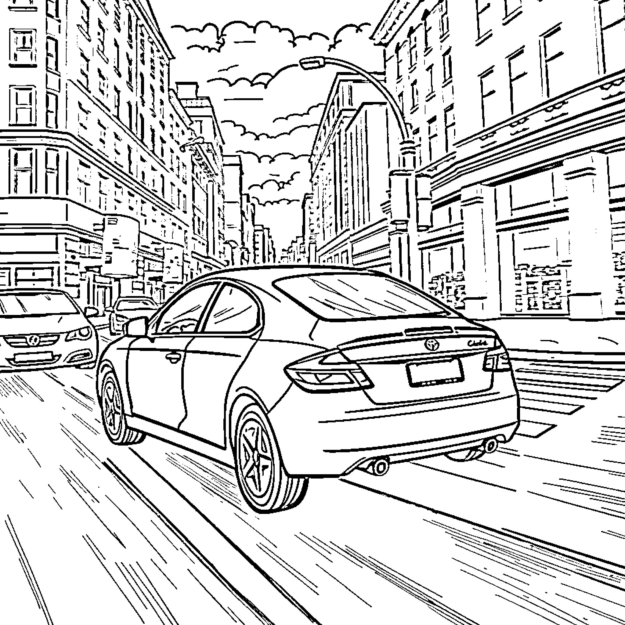 Car speeding through busy city street Coloring Page (free black-and-white line drawing printable PDF for all, from beginners to advanced learners, including children, teens, adults, and seniors)