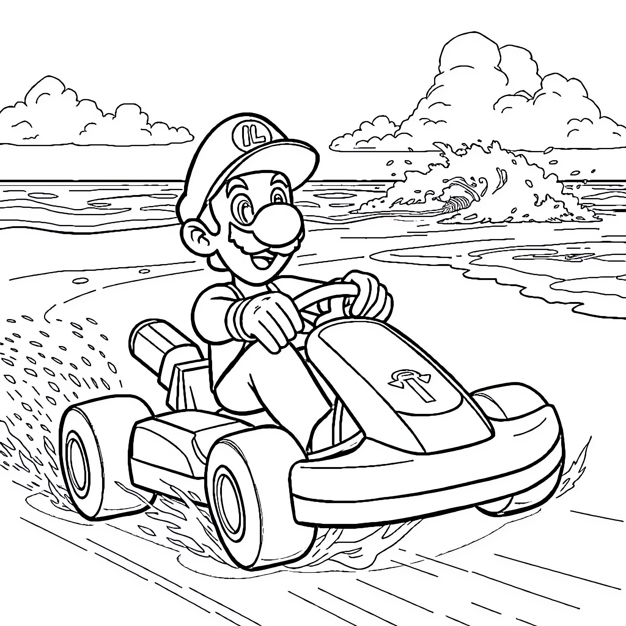 Luigi's kart racing adventure on the beach Coloring Page (free black-and-white line drawing printable PDF for all, from beginners to advanced learners, including children, teens, adults, and seniors)