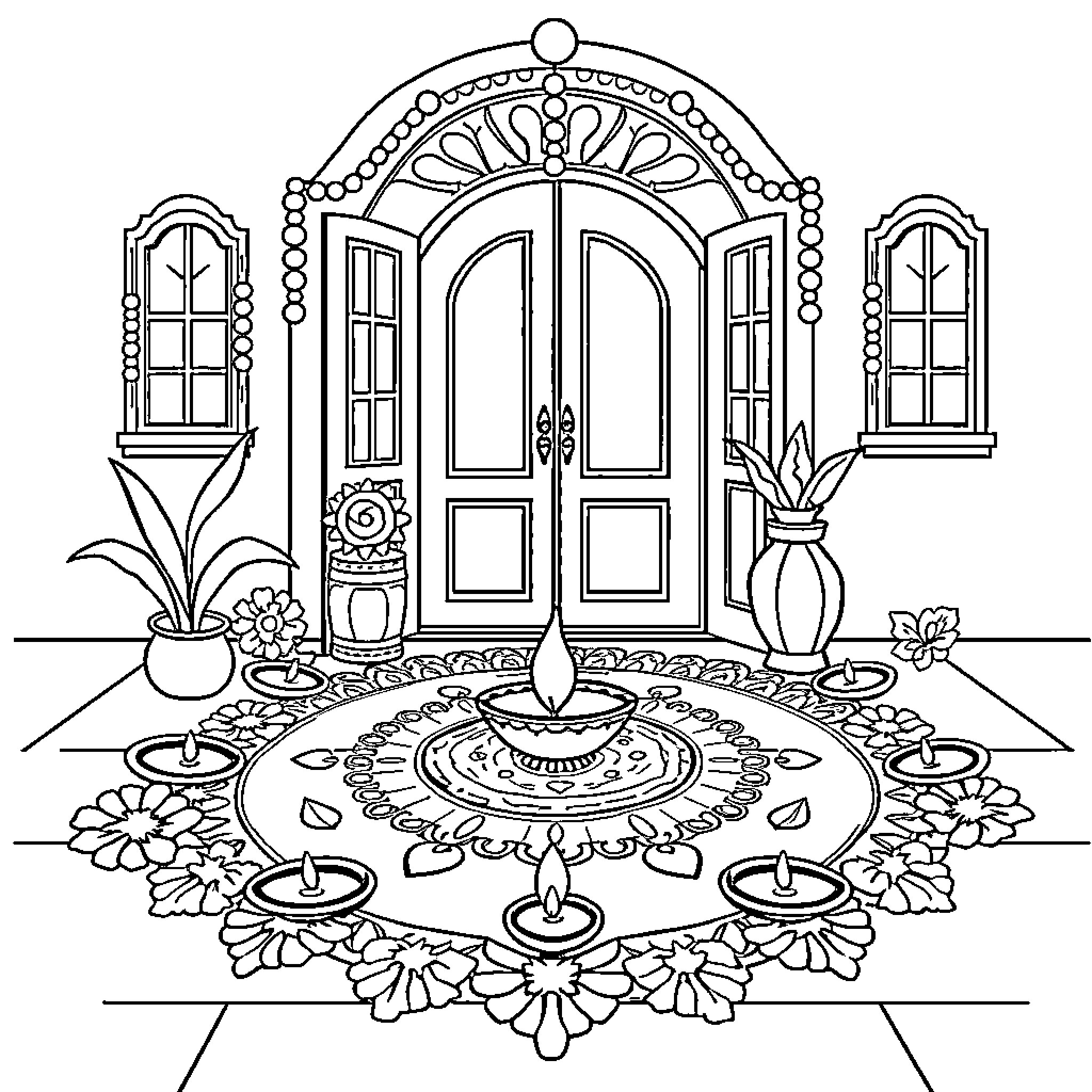Rangoli Design Adorning a Vibrant Entrance Coloring Page (free black-and-white line drawing printable PDF for all, from beginners to advanced learners, including children, teens, adults, and seniors)