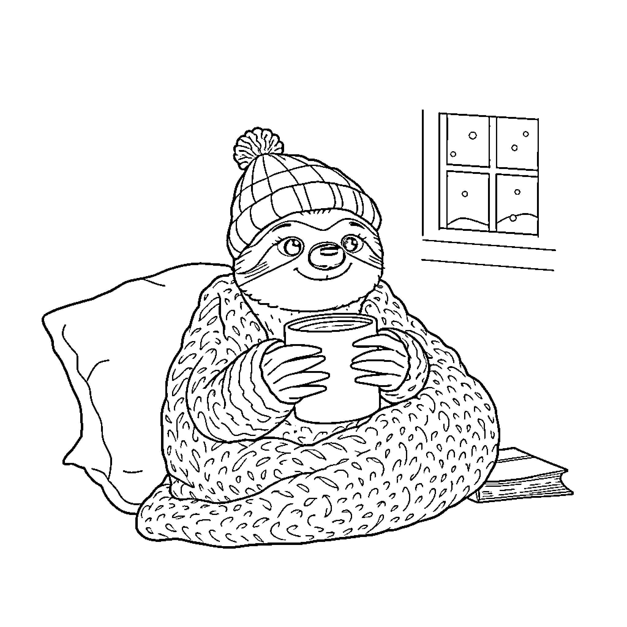 Sloth enjoying a warm beverage on a cozy day Coloring Page (free black-and-white line drawing printable PDF for all, from beginners to advanced learners, including children, teens, adults, and seniors)