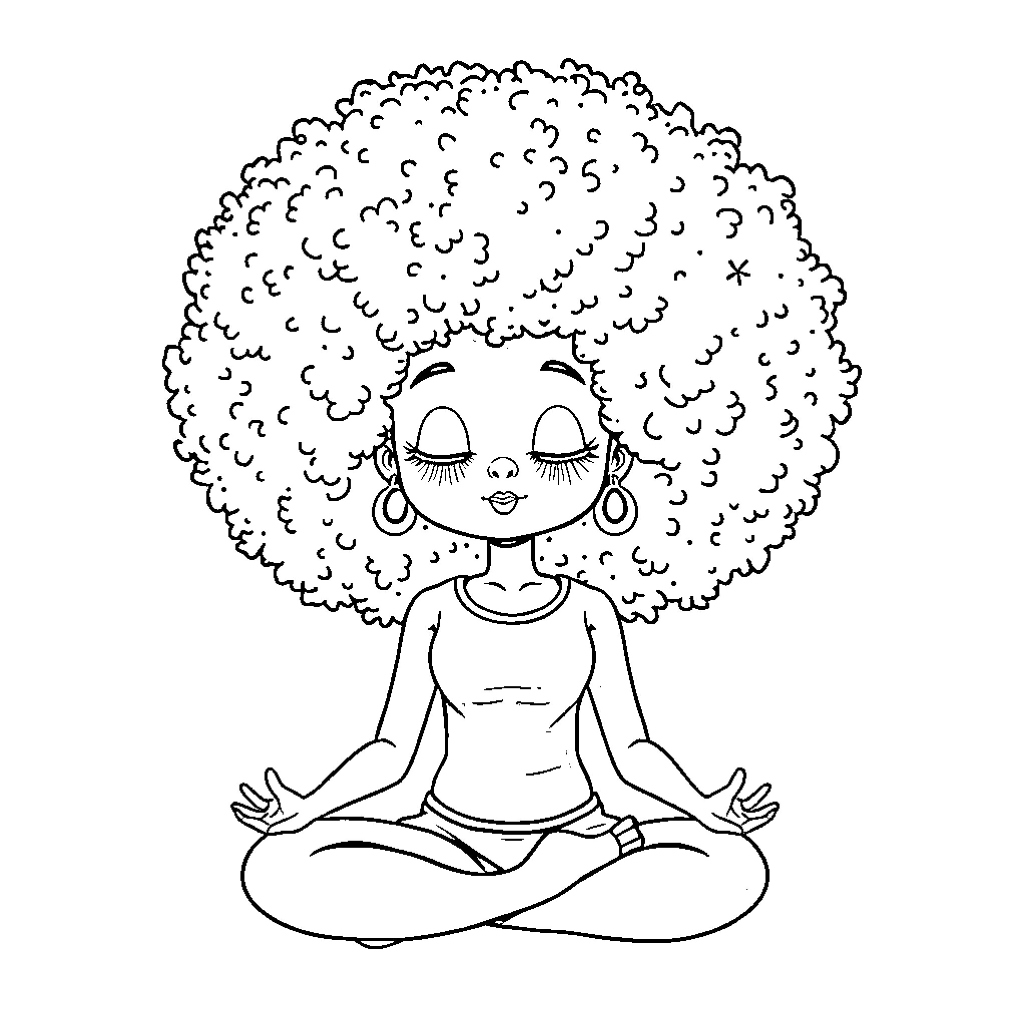 Girl relaxing in lotus position with eyes closed Coloring Page (free black-and-white line drawing printable PDF for all, from beginners to advanced learners, including children, teens, adults, and seniors)
