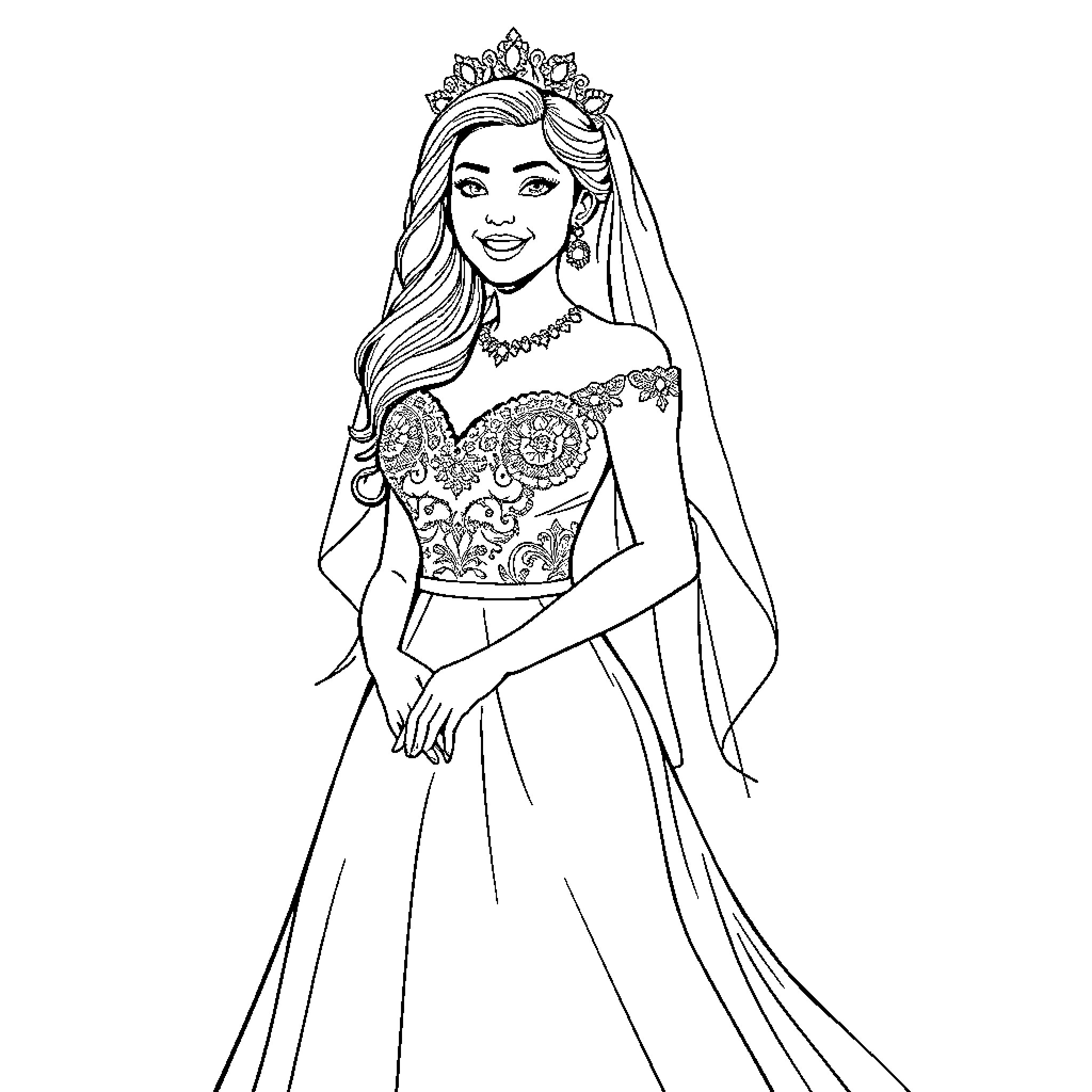 Rumi, the Radiant Royal Bride Coloring Page (free black-and-white line drawing printable PDF for all, from beginners to advanced learners, including children, teens, adults, and seniors)