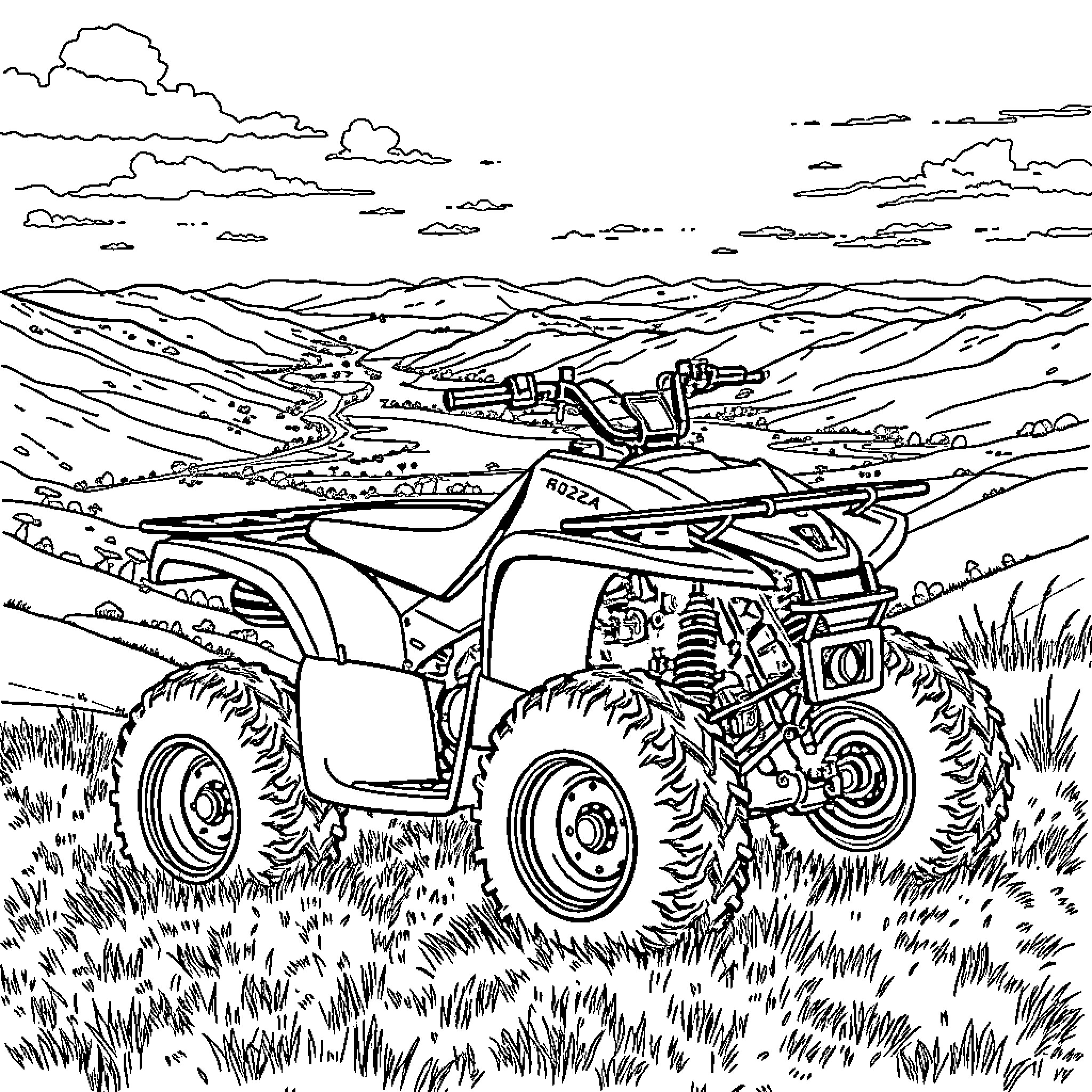 Quad Bike racing through rugged countryside landscape Coloring Page (free black-and-white line drawing printable PDF for all, from beginners to advanced learners, including children, teens, adults, and seniors)