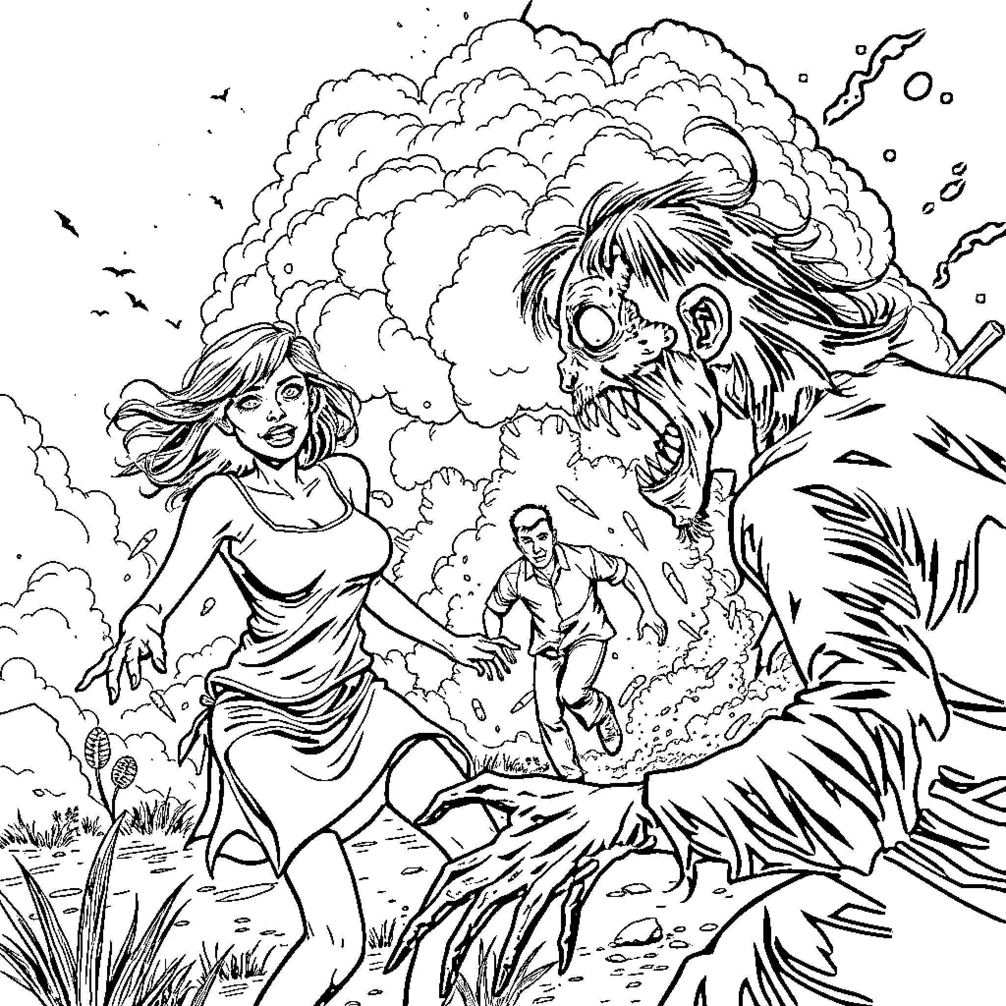Zombie Apocalypse: Survivors Flee in Terror Coloring Page (free black-and-white line drawing printable PDF for all, from beginners to advanced learners, including children, teens, adults, and seniors)