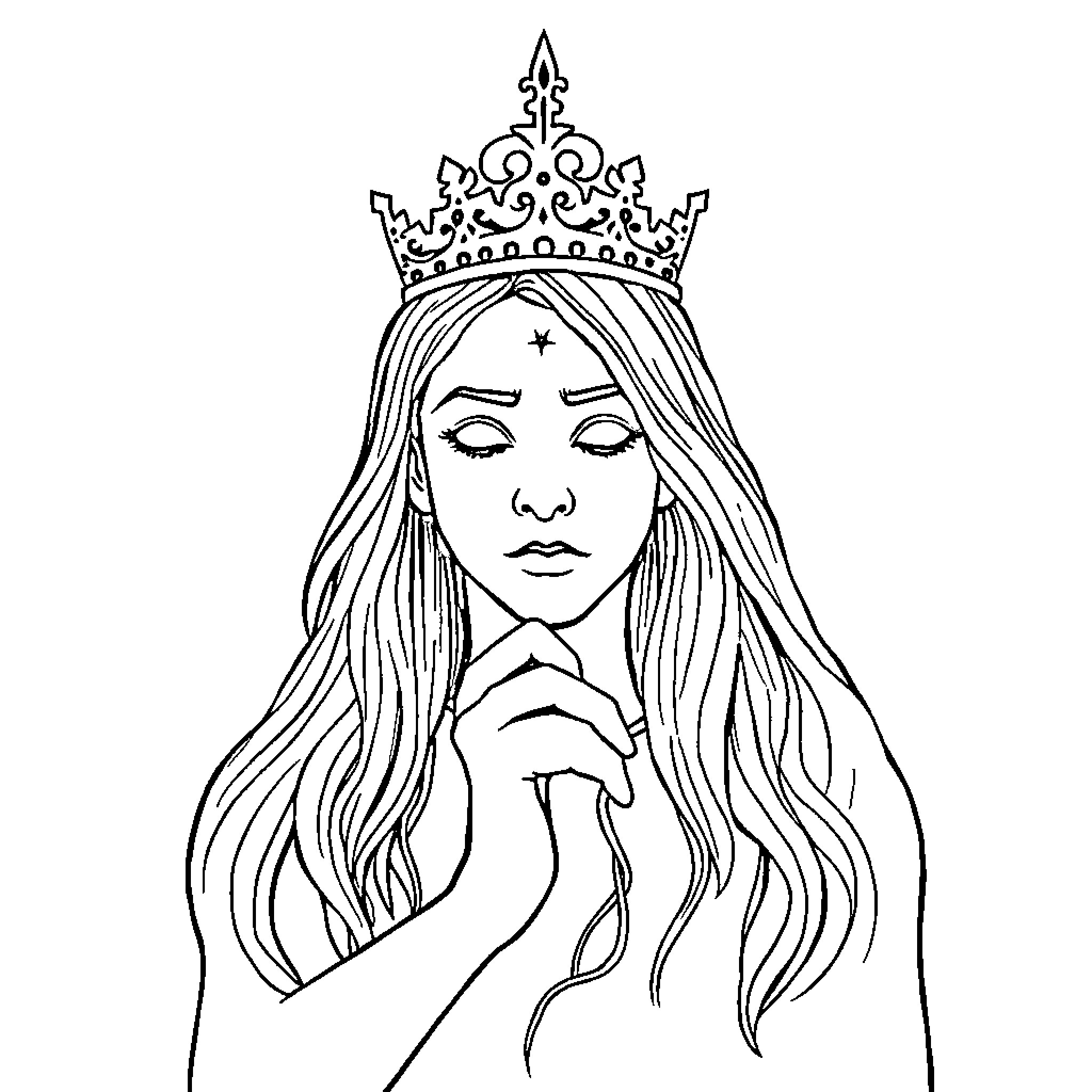Self-Control of a Regal Maiden Coloring Page (free black-and-white line drawing printable PDF for all, from beginners to advanced learners, including children, teens, adults, and seniors)