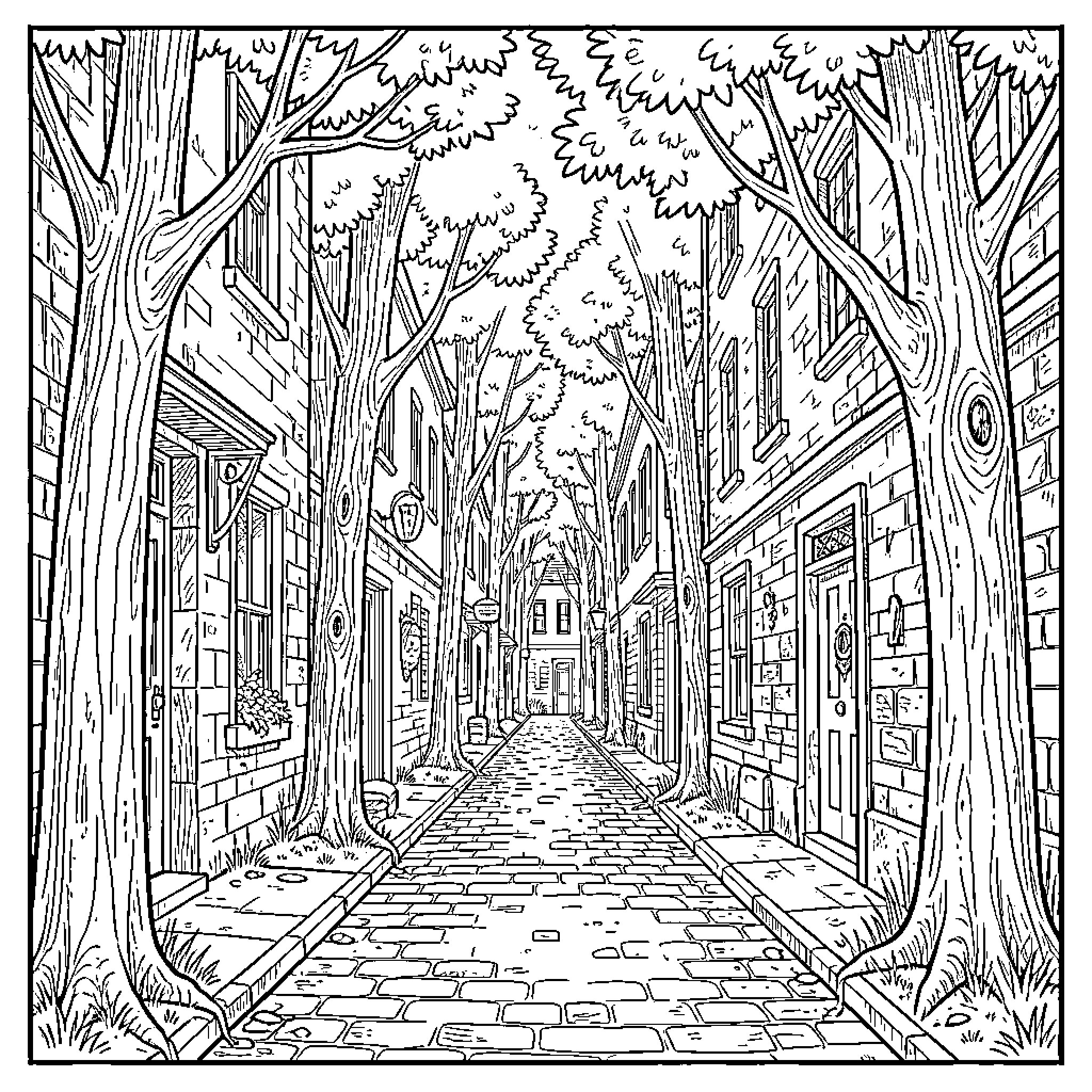 Mystery walk through a quiet cobblestone street Coloring Page (free black-and-white line drawing printable PDF for all, from beginners to advanced learners, including children, teens, adults, and seniors)