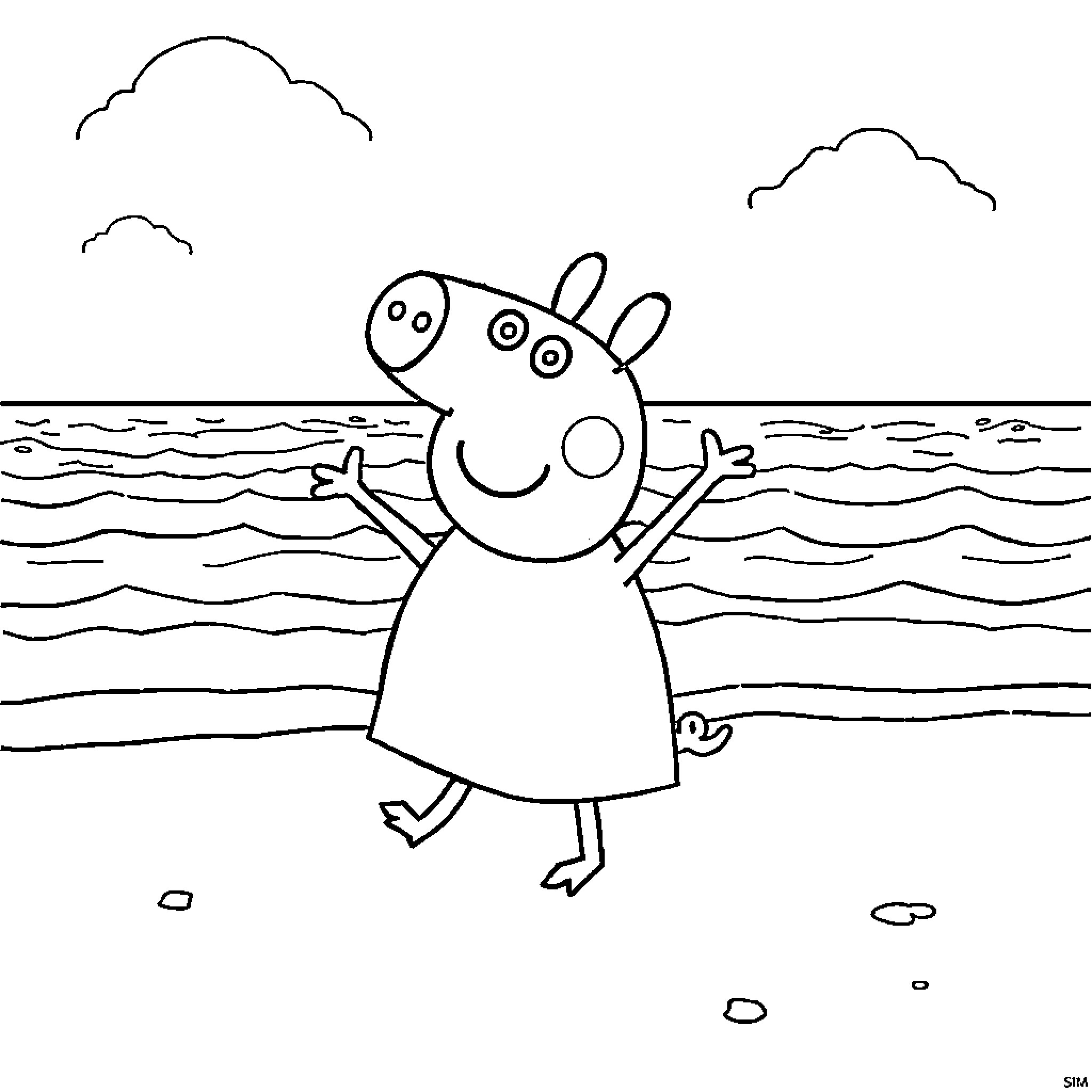 Peppa Pig enjoying the beach scenery Coloring Page (free black-and-white line drawing printable PDF for all, from beginners to advanced learners, including children, teens, adults, and seniors)