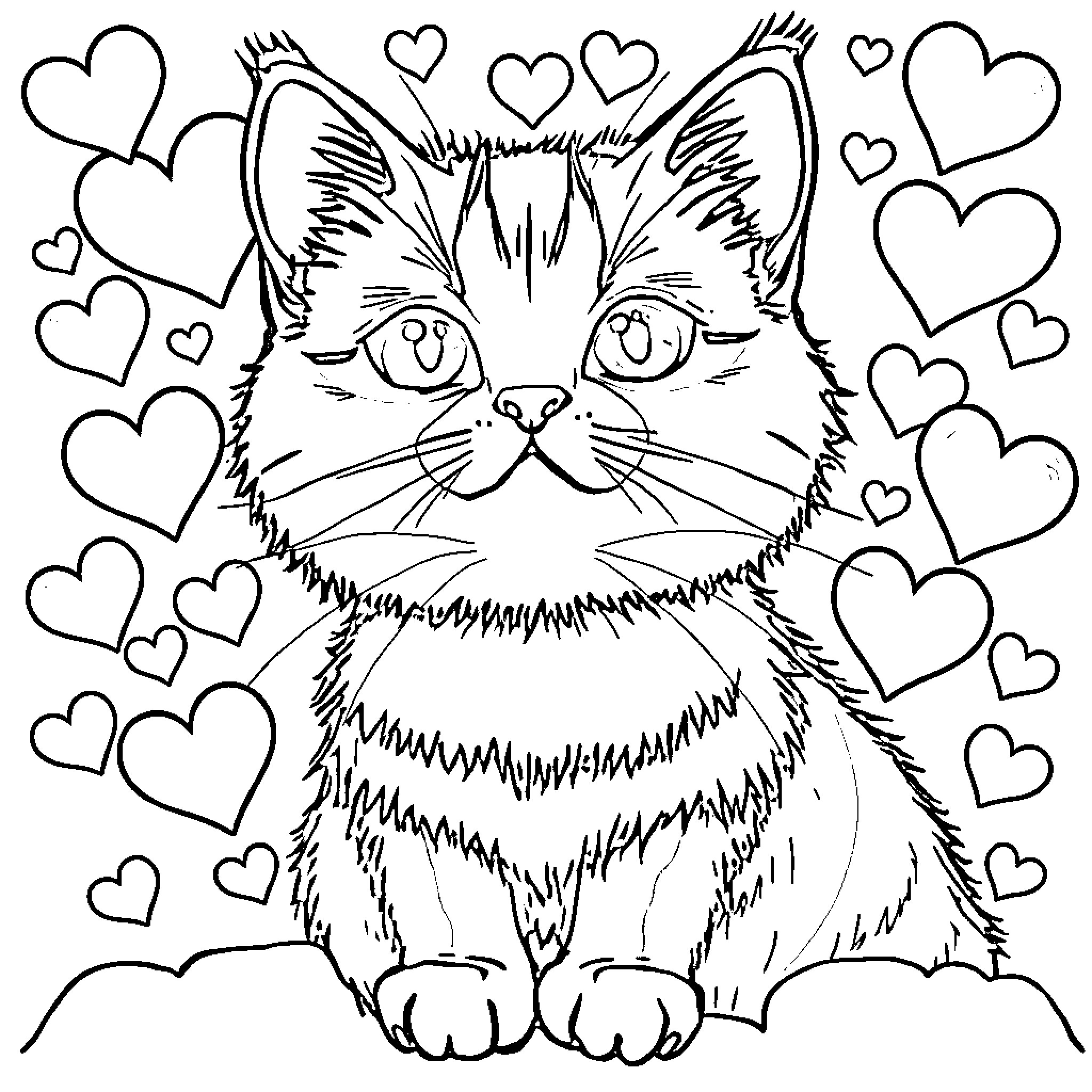Cat surrounded by loving hearts Coloring Page (free black-and-white line drawing printable PDF for all, from beginners to advanced learners, including children, teens, adults, and seniors)