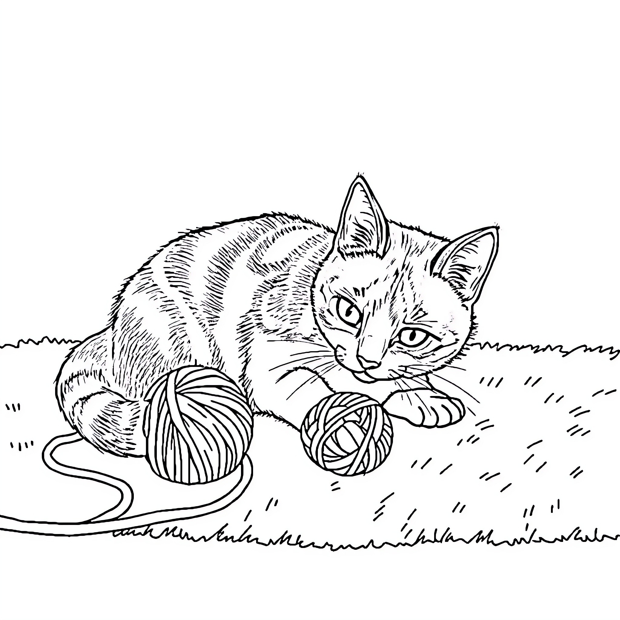 Calico Cat Playing with Yarn on the Grass Coloring Page (free black-and-white line drawing printable PDF for all, from beginners to advanced learners, including children, teens, adults, and seniors)