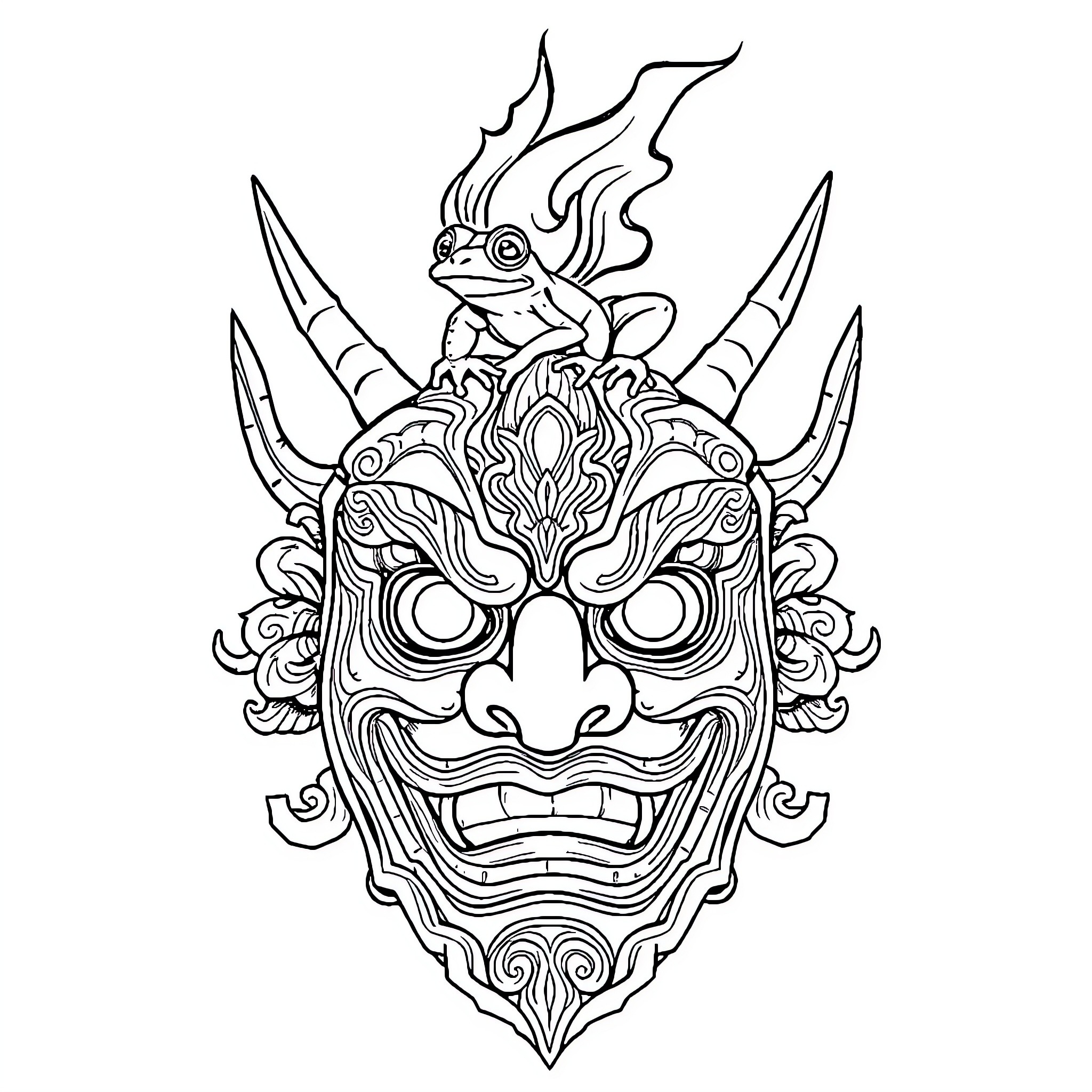 Hanya Mask with Intricate Designs and Frog Companion Coloring Page (free black-and-white line drawing printable PDF for all, from beginners to advanced learners, including children, teens, adults, and seniors)
