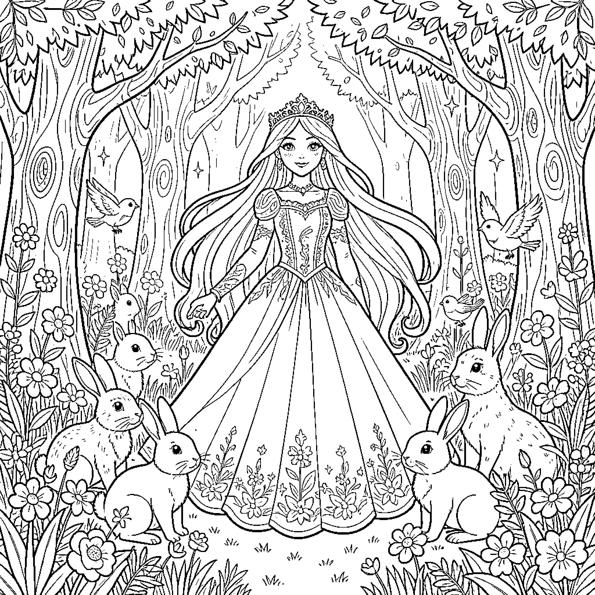 Princess in a Magical Forest Surrounded by Woodland Creatures Coloring Page (free black-and-white line drawing printable PDF for all, from beginners to advanced learners, including children, teens, adults, and seniors)