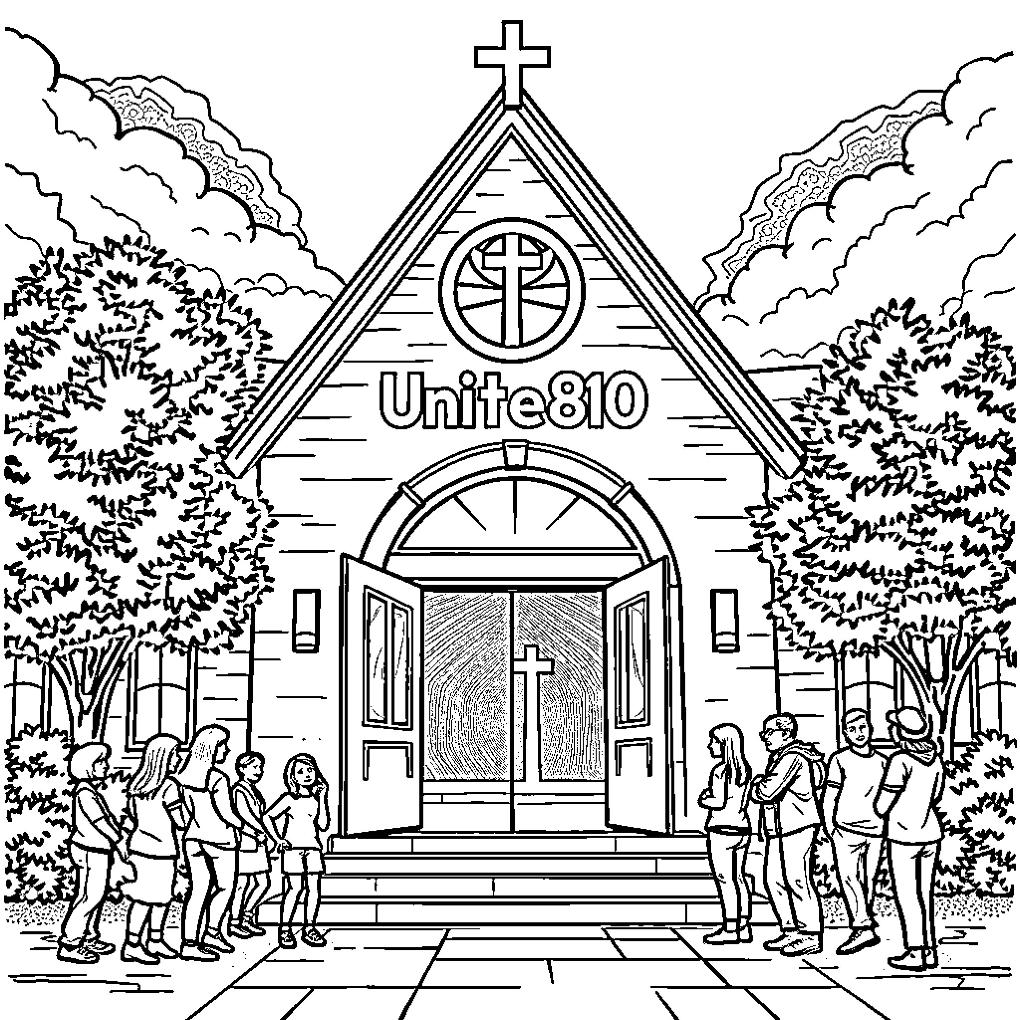 Church gathering with people in front of the entrance Coloring Page (free black-and-white line drawing printable PDF for all, from beginners to advanced learners, including children, teens, adults, and seniors)