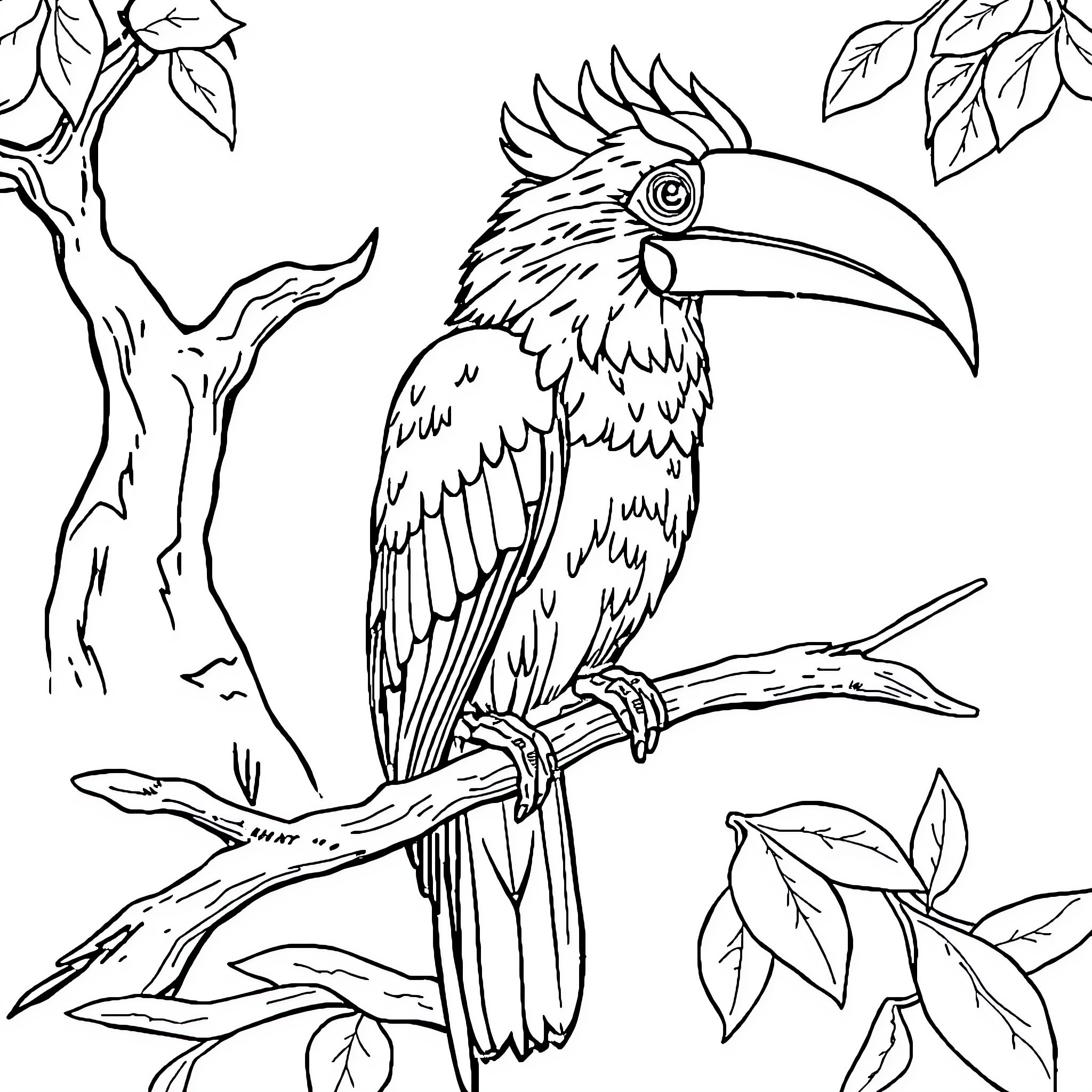 Forest Animal Toucan Perched on Branch Coloring Page (free black-and-white line drawing printable PDF for all, from beginners to advanced learners, including children, teens, adults, and seniors)