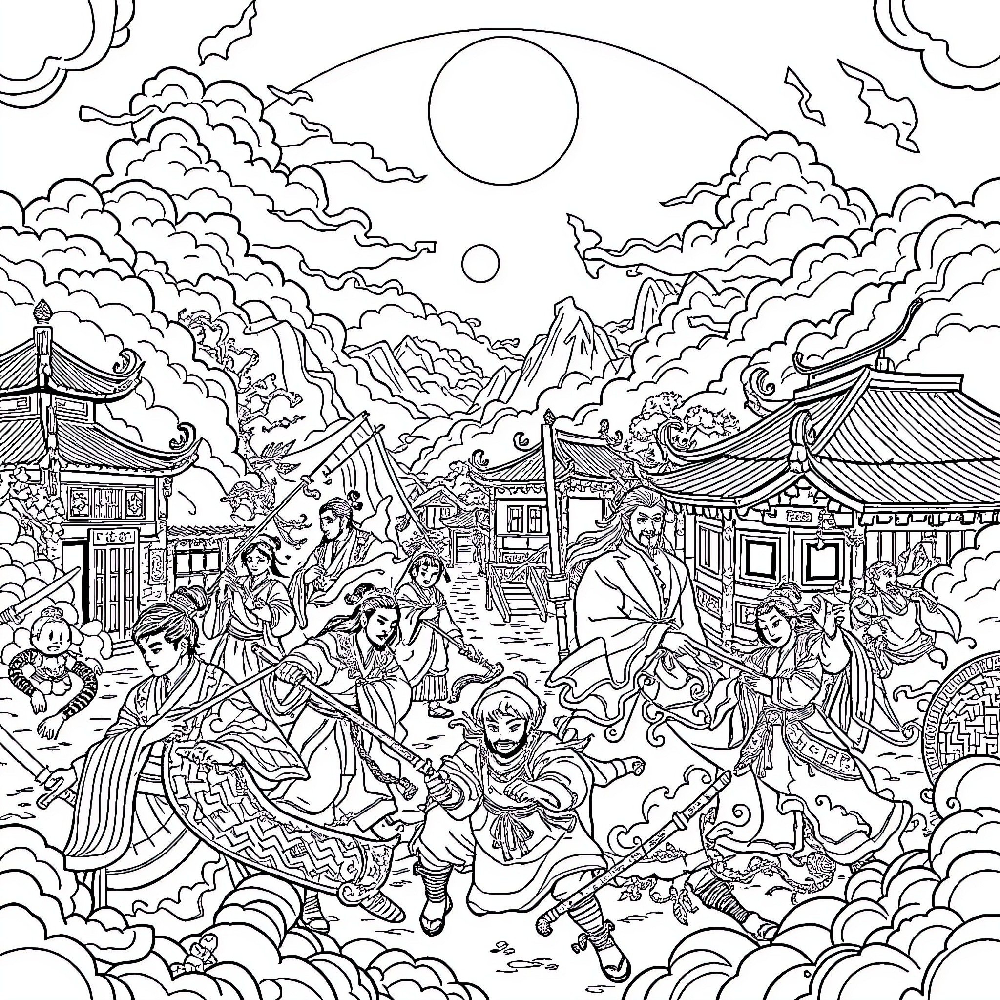 Sangokou: Mythical Journey in a Fantastical Realm Coloring Page (free black-and-white line drawing printable PDF for all, from beginners to advanced learners, including children, teens, adults, and seniors)