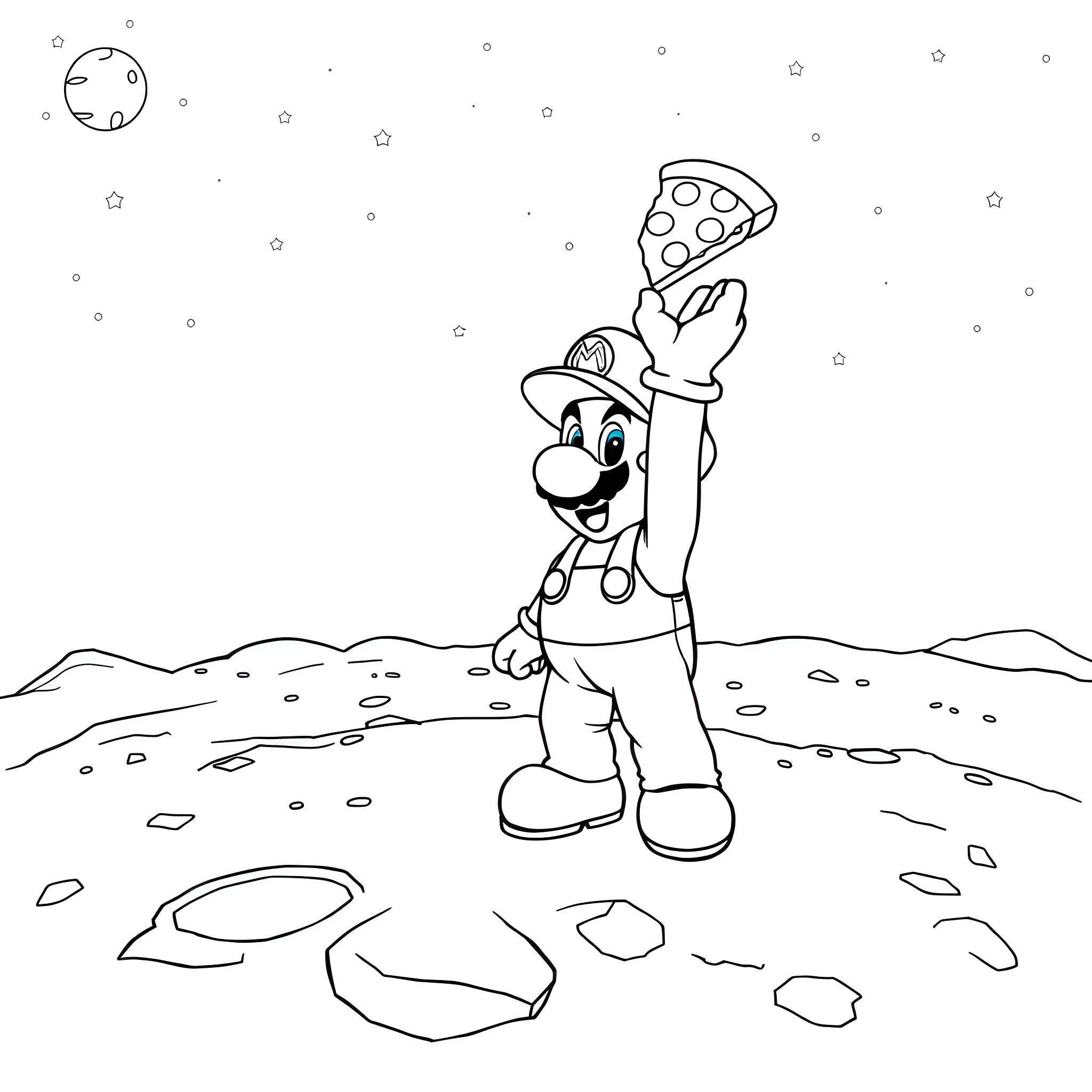 Mario happily holding a pizza slice on a rocky planet Coloring Page (free black-and-white line drawing printable PDF for all, from beginners to advanced learners, including children, teens, adults, and seniors)