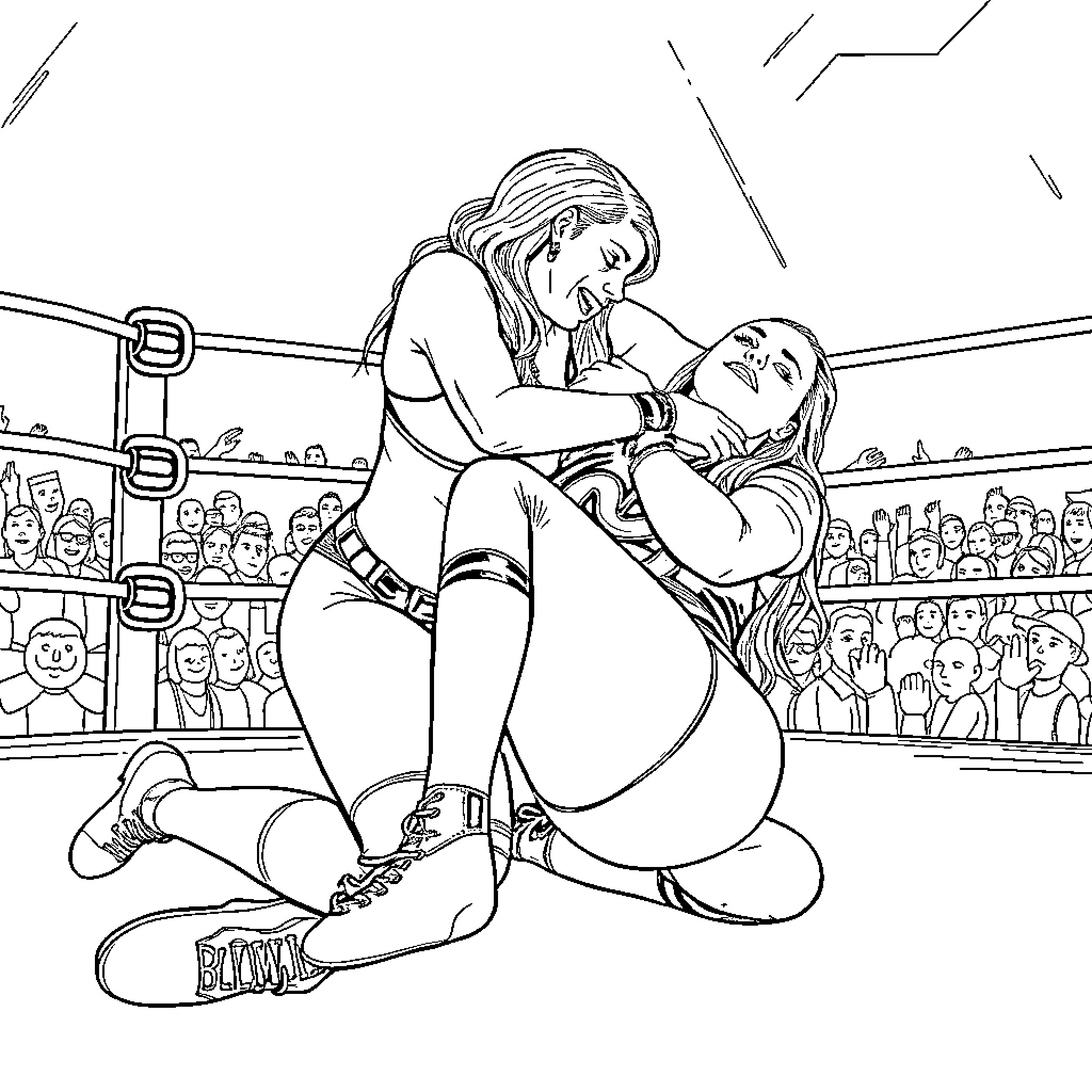 Rhea Ripley grappling with opponent in wrestling ring Coloring Page (free black-and-white line drawing printable PDF for all, from beginners to advanced learners, including children, teens, adults, and seniors)