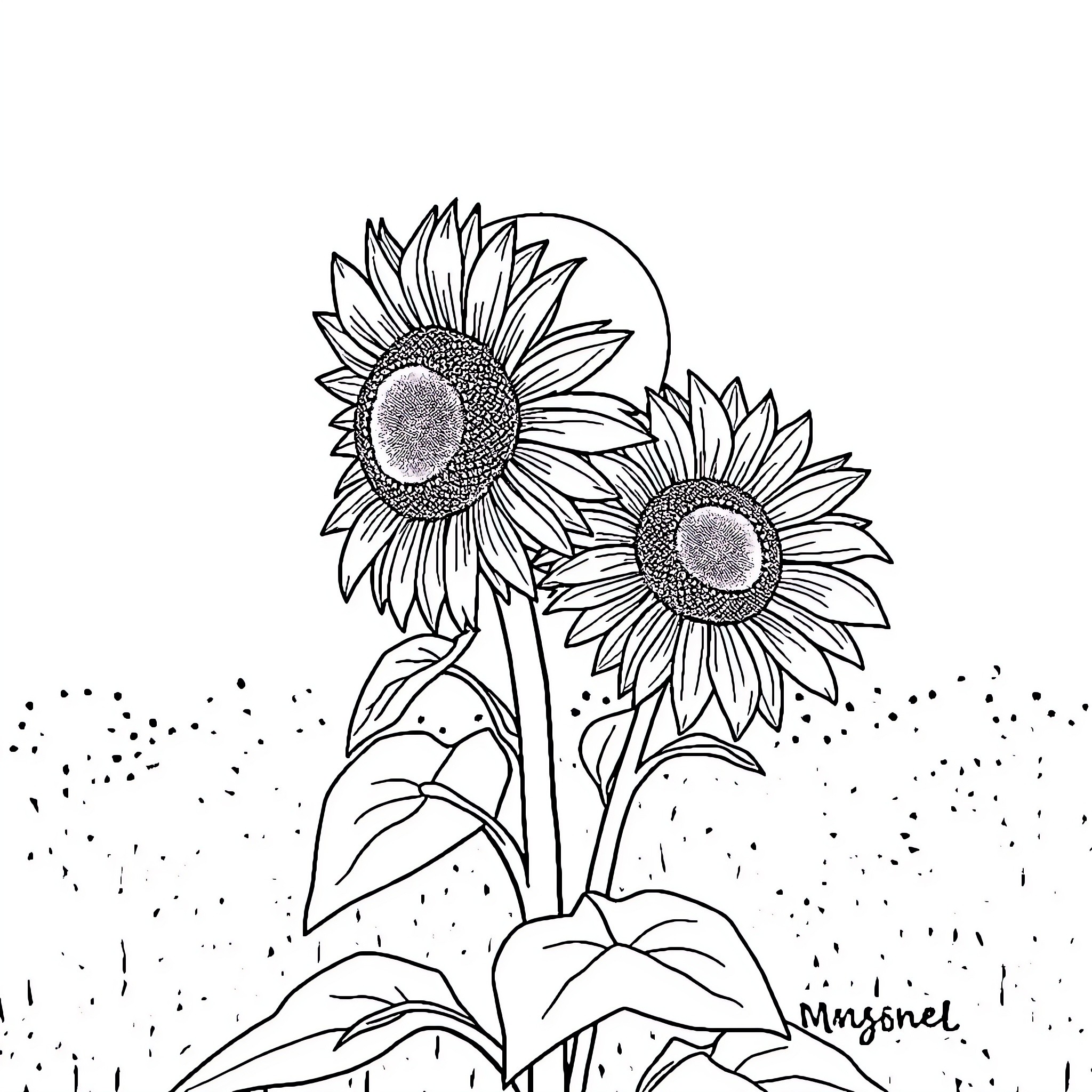 Sunflower garden in bloom Coloring Page (free black-and-white line drawing printable PDF for all, from beginners to advanced learners, including children, teens, adults, and seniors)