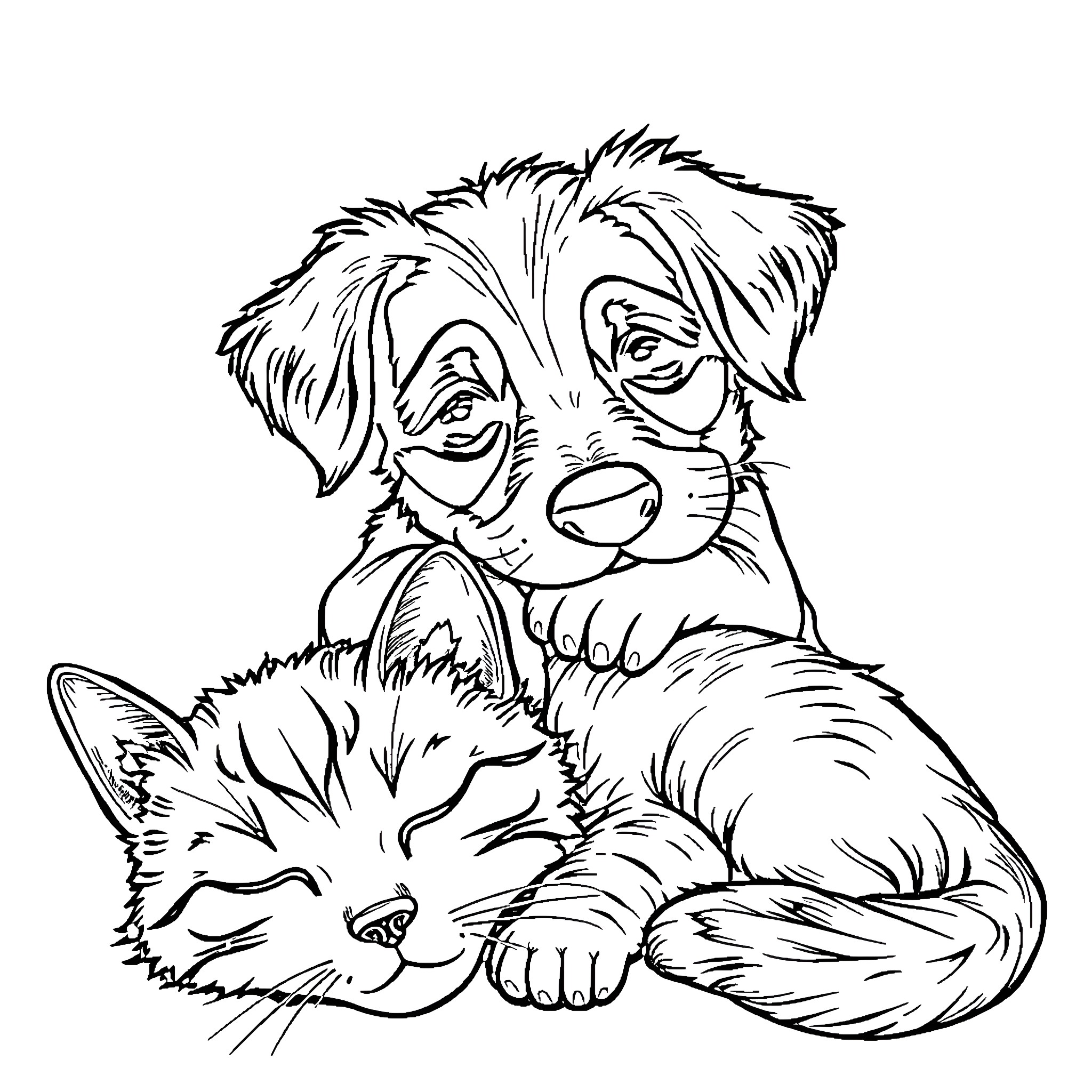 Dog and Cat Cuddling Affectionately Coloring Page (free black-and-white line drawing printable PDF for all, from beginners to advanced learners, including children, teens, adults, and seniors)