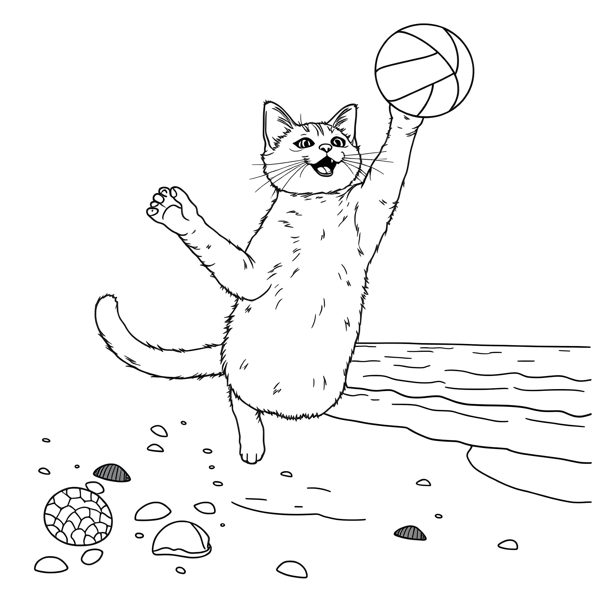 Cat playing with a beach ball Coloring Page (free black-and-white line drawing printable PDF for all, from beginners to advanced learners, including children, teens, adults, and seniors)