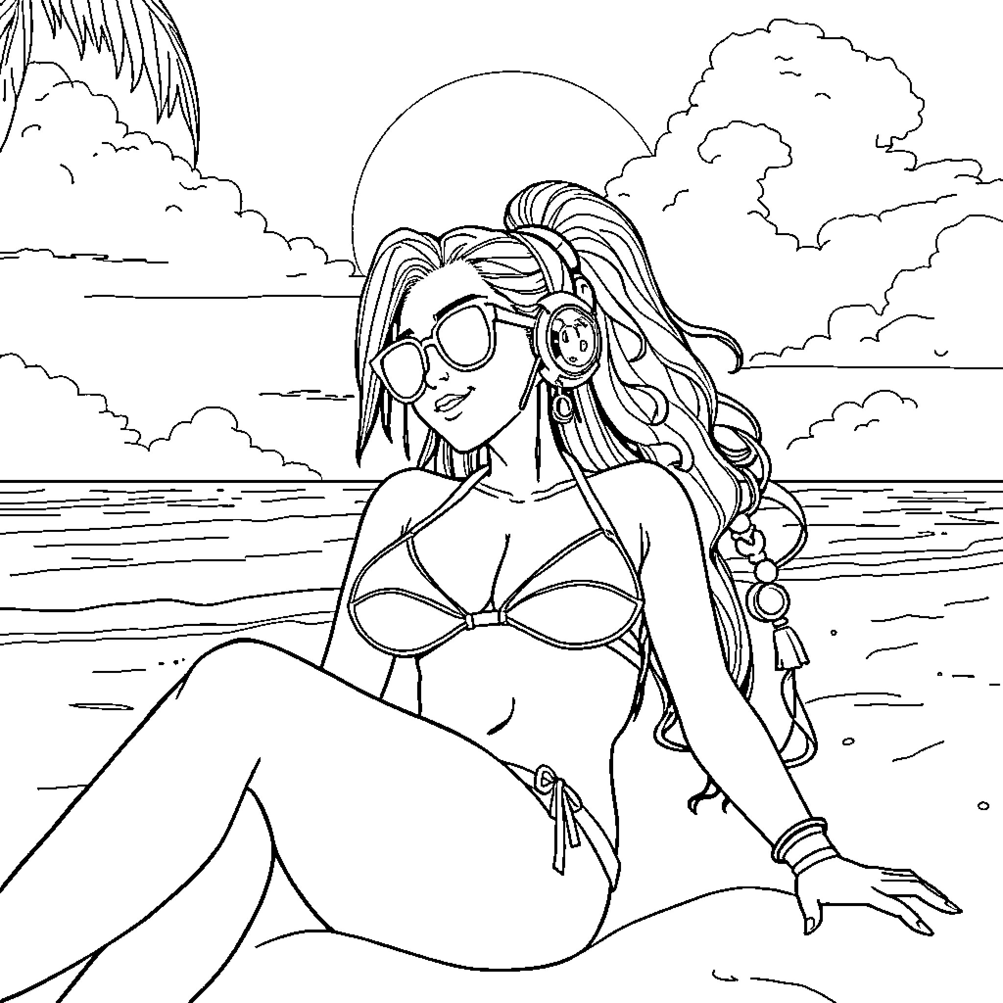 Loba relaxing on the beach Coloring Page (free black-and-white line drawing printable PDF for all, from beginners to advanced learners, including children, teens, adults, and seniors)