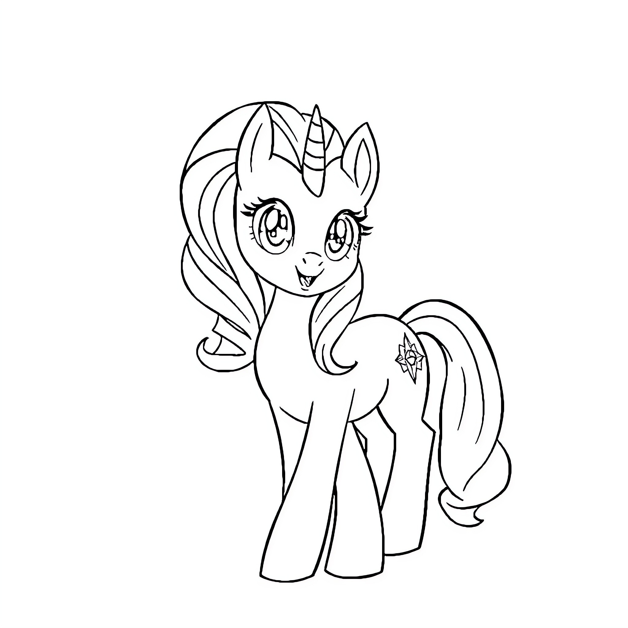 Pony with Expressive Face and Flowing Mane Coloring Page (free black-and-white line drawing printable PDF for all, from beginners to advanced learners, including children, teens, adults, and seniors)