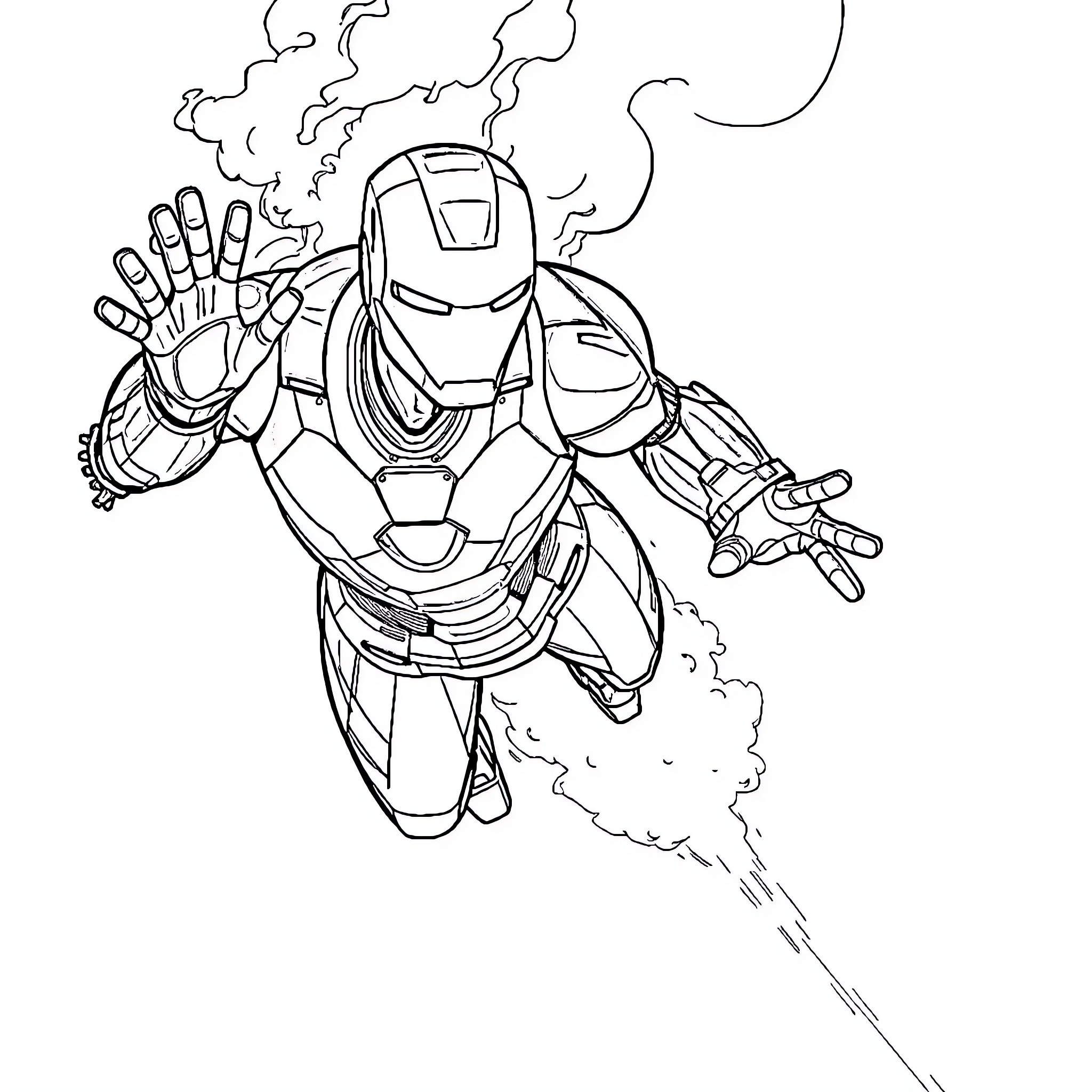 Iron Man in Action: Heroic Stance and Blasting Energy Coloring Page (free black-and-white line drawing printable PDF for all, from beginners to advanced learners, including children, teens, adults, and seniors)