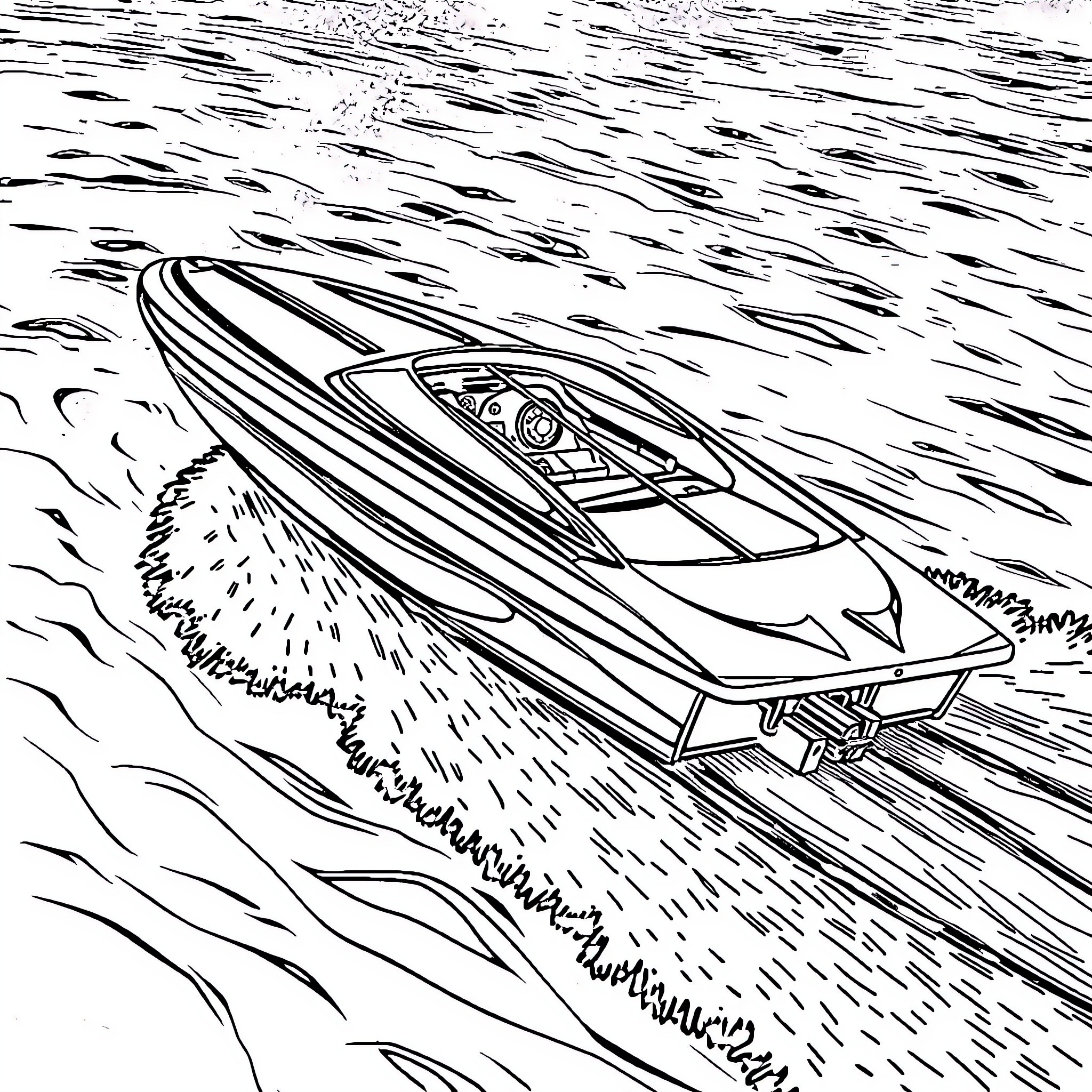 Raceboat speeding across the waves Coloring Page (free black-and-white line drawing printable PDF for all, from beginners to advanced learners, including children, teens, adults, and seniors)