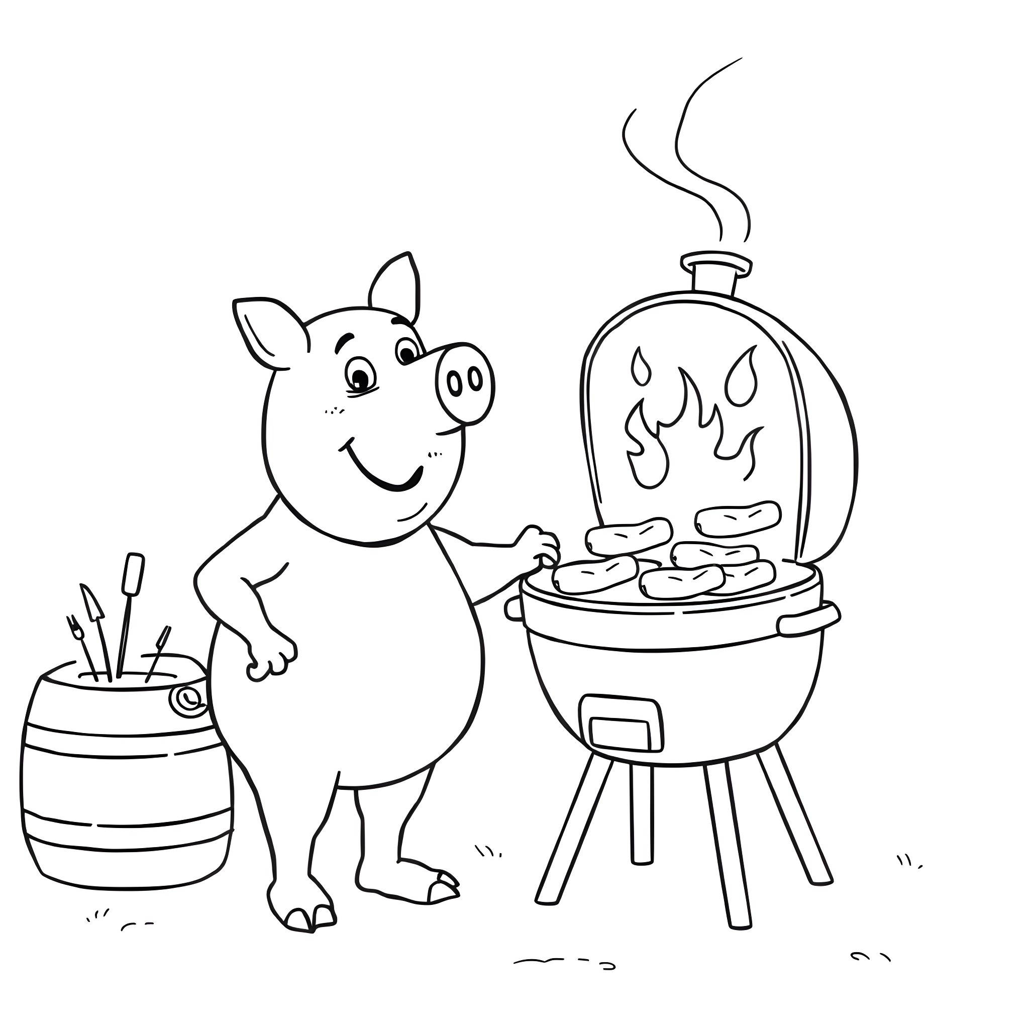 Porky Pig enjoying a barbecue with friends Coloring Page (free black-and-white line drawing printable PDF for all, from beginners to advanced learners, including children, teens, adults, and seniors)