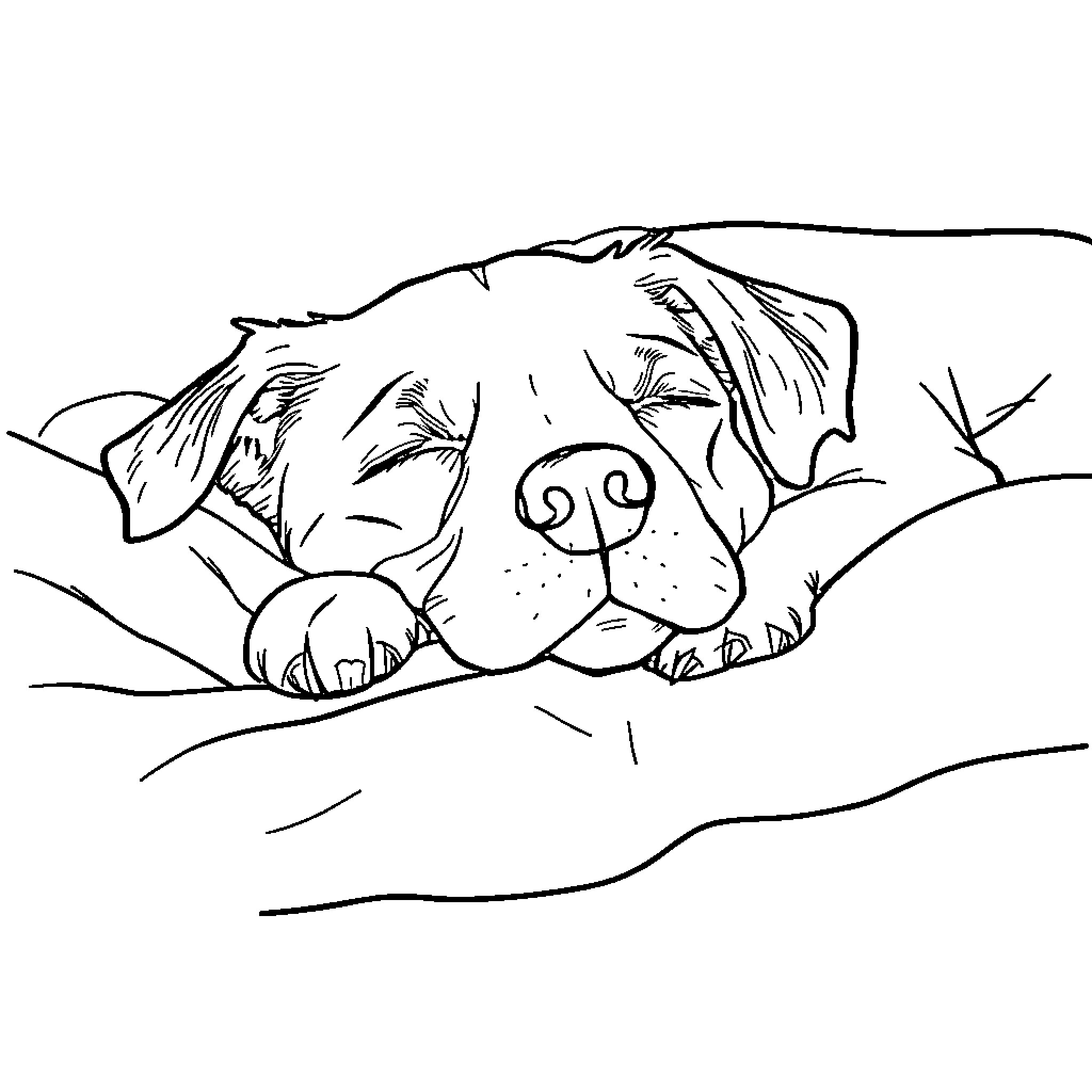 Dog taking a peaceful nap Coloring Page (free black-and-white line drawing printable PDF for all, from beginners to advanced learners, including children, teens, adults, and seniors)