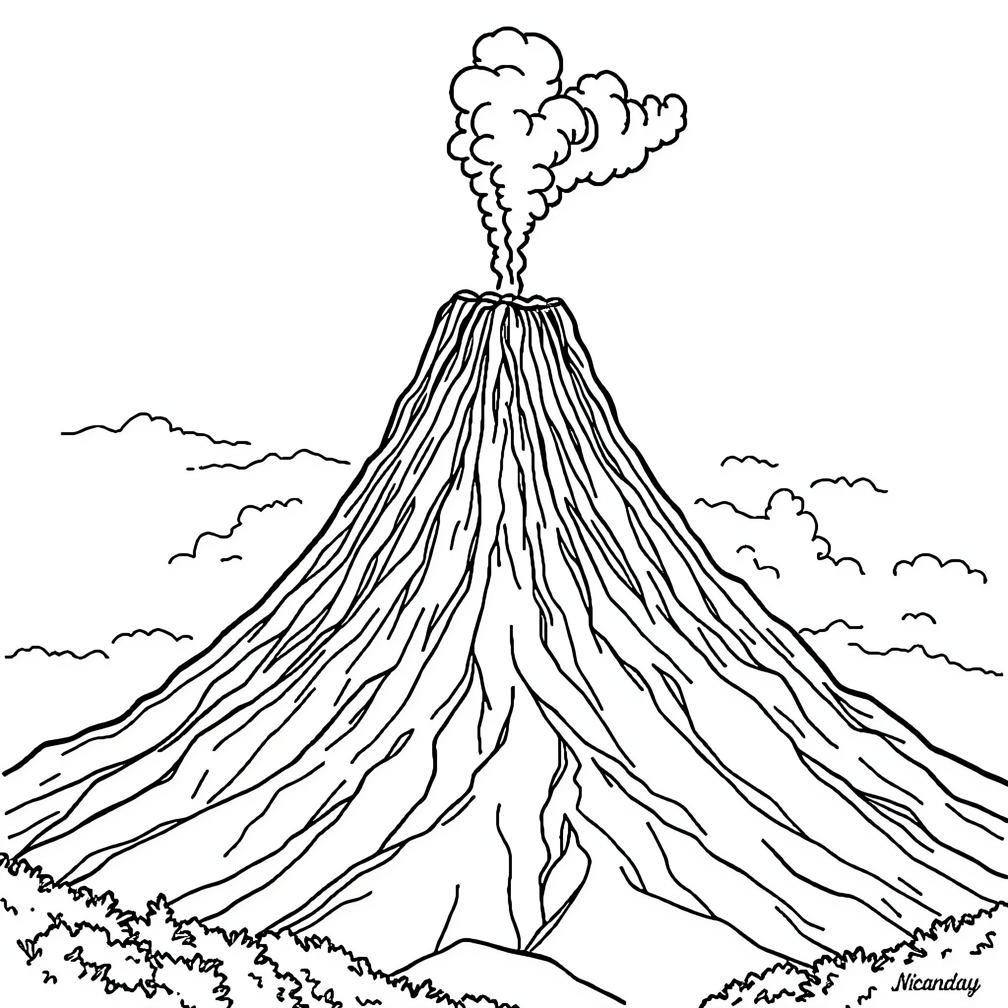 Volcano erupting with billowing smoke Coloring Page (free black-and-white line drawing printable PDF for all, from beginners to advanced learners, including children, teens, adults, and seniors)