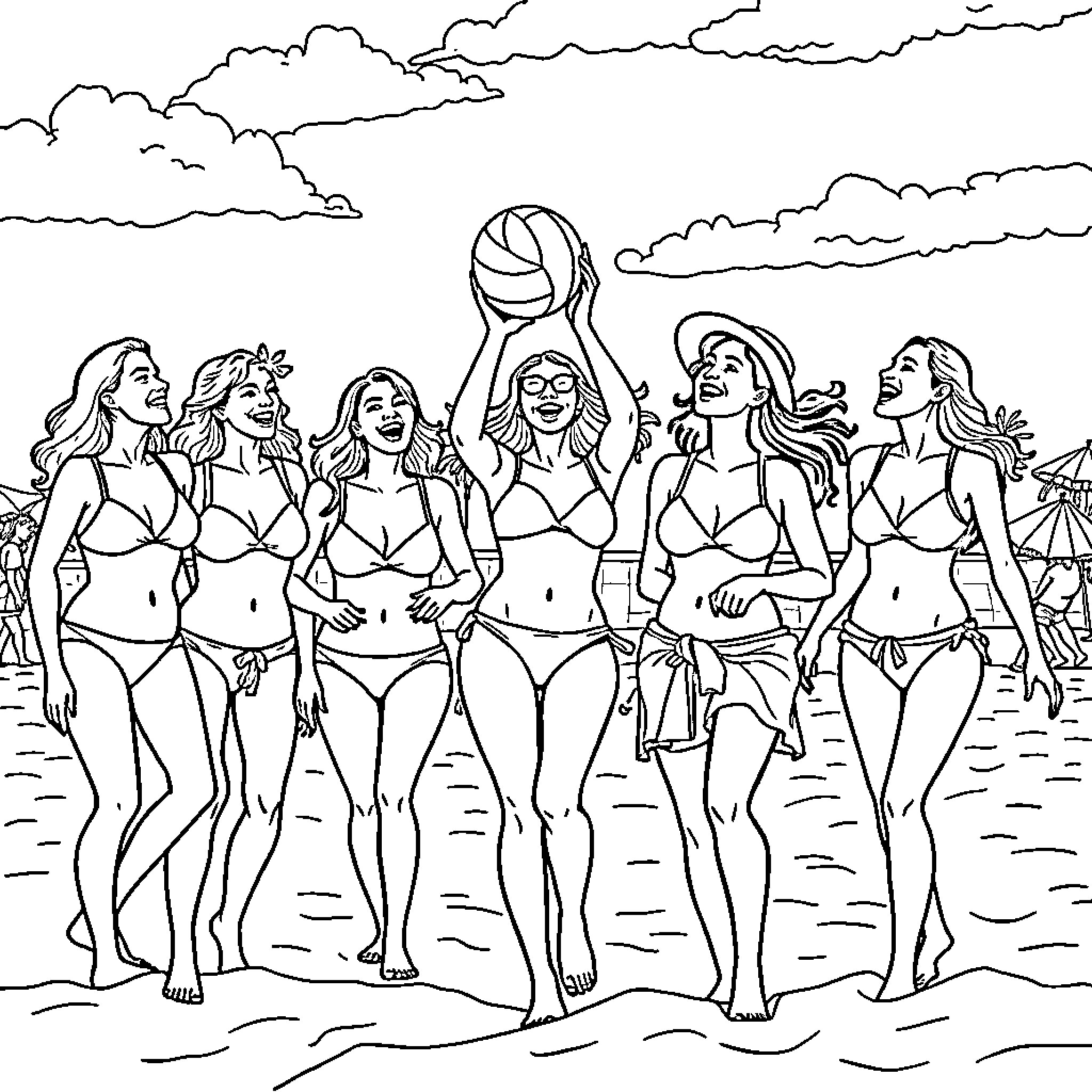 Women playing beach volleyball on the sand Coloring Page (free black-and-white line drawing printable PDF for all, from beginners to advanced learners, including children, teens, adults, and seniors)
