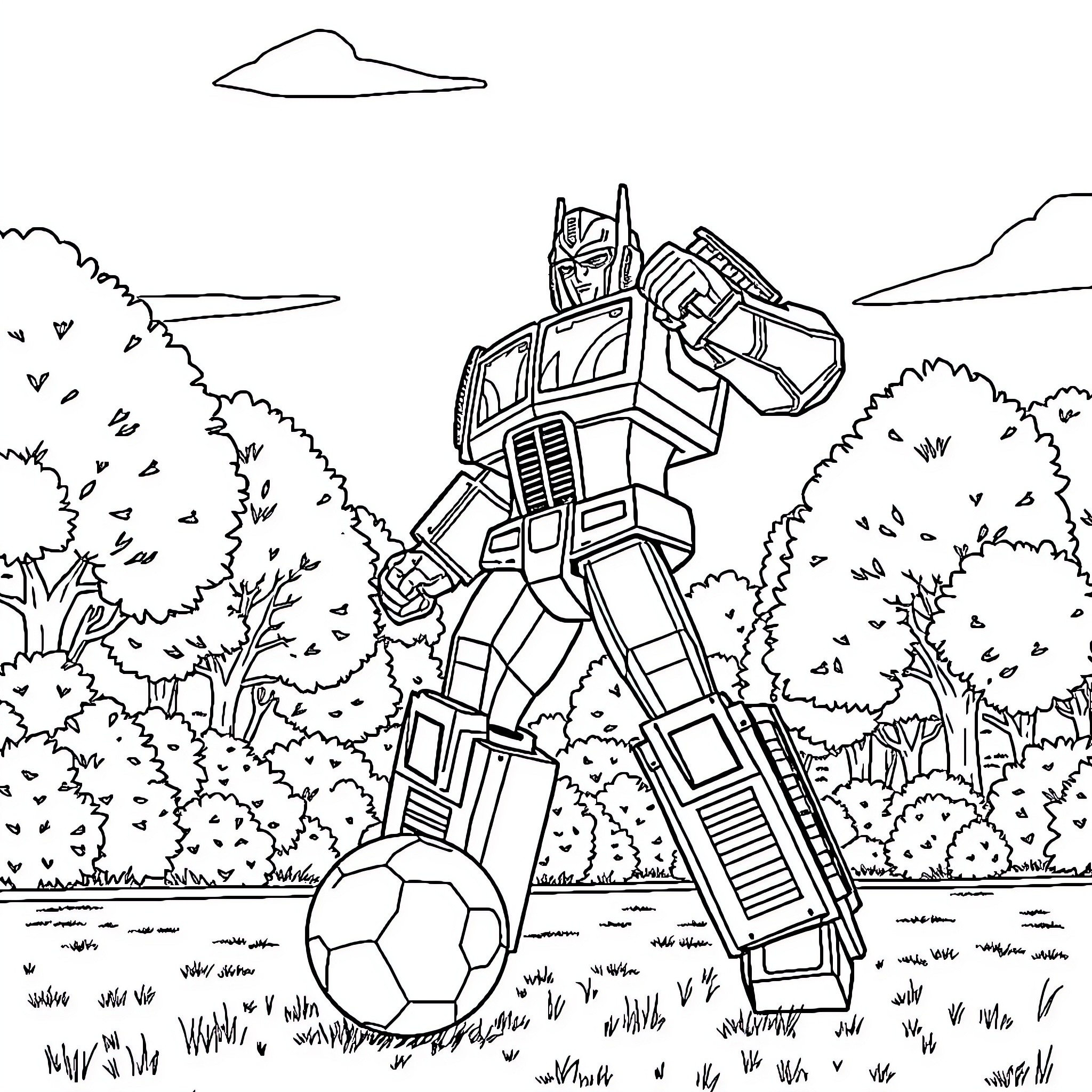 Optimus Prime playing with a soccer ball in the forest Coloring Page (free black-and-white line drawing printable PDF for all, from beginners to advanced learners, including children, teens, adults, and seniors)