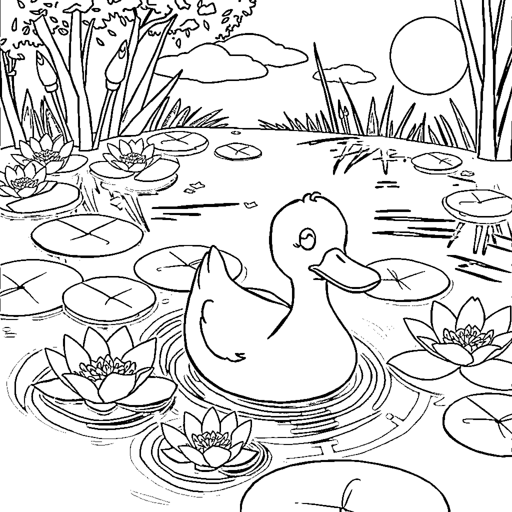 Duck enjoying a peaceful day at the pond Coloring Page (free black-and-white line drawing printable PDF for all, from beginners to advanced learners, including children, teens, adults, and seniors)