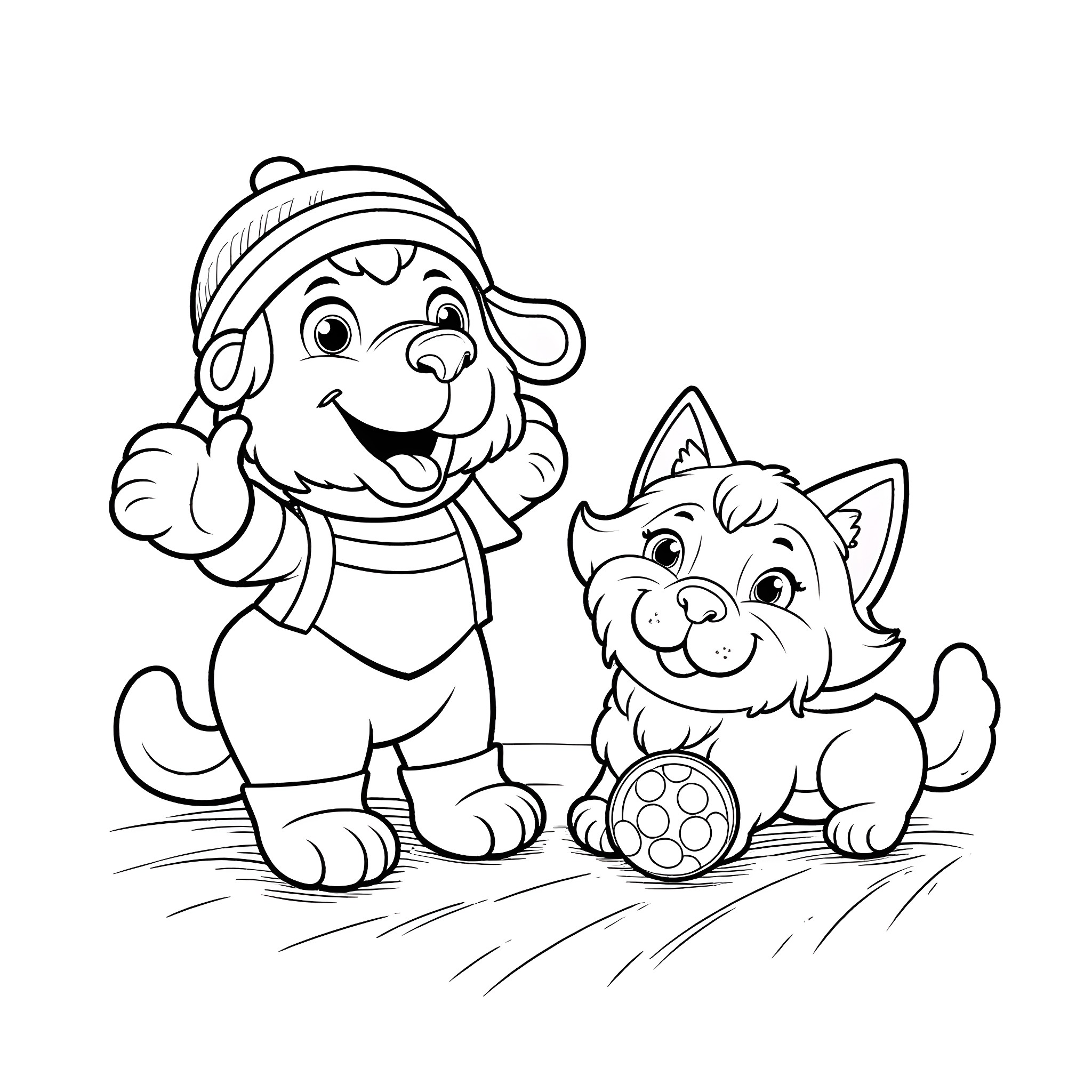 Bluey and Bingo Playing Happily with Toys Coloring Page (free black-and-white line drawing printable PDF for all, from beginners to advanced learners, including children, teens, adults, and seniors)