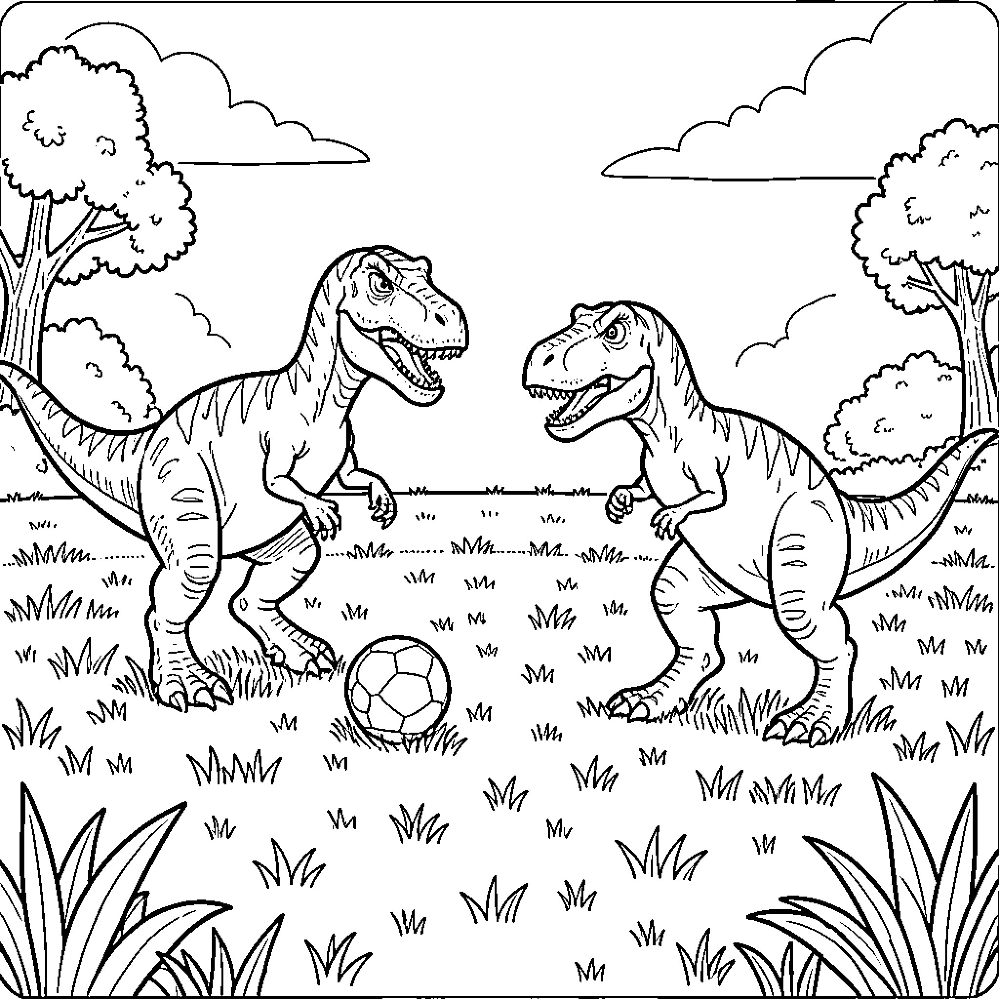Dinosaur playing football together in a grassy field Coloring Page (free black-and-white line drawing printable PDF for all, from beginners to advanced learners, including children, teens, adults, and seniors)